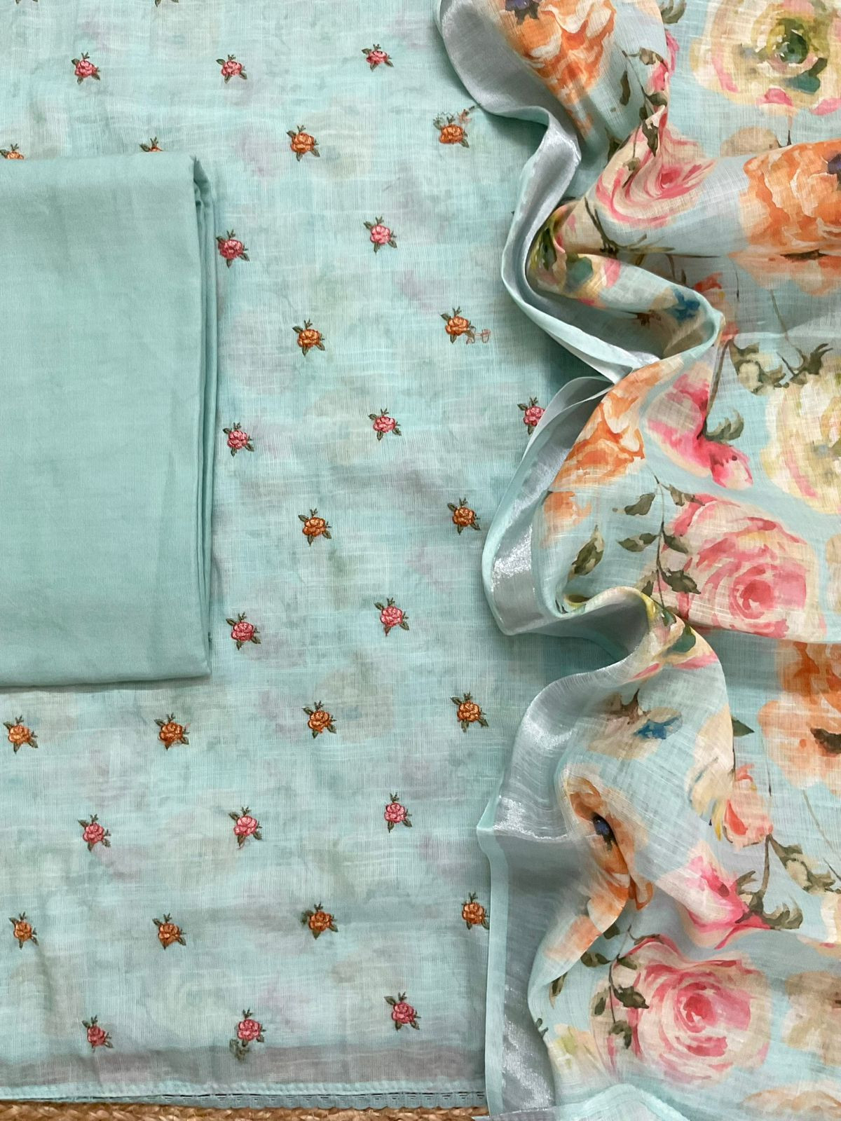 Soft Linen Jute Cotton Printed Embroidered Suit - Blue