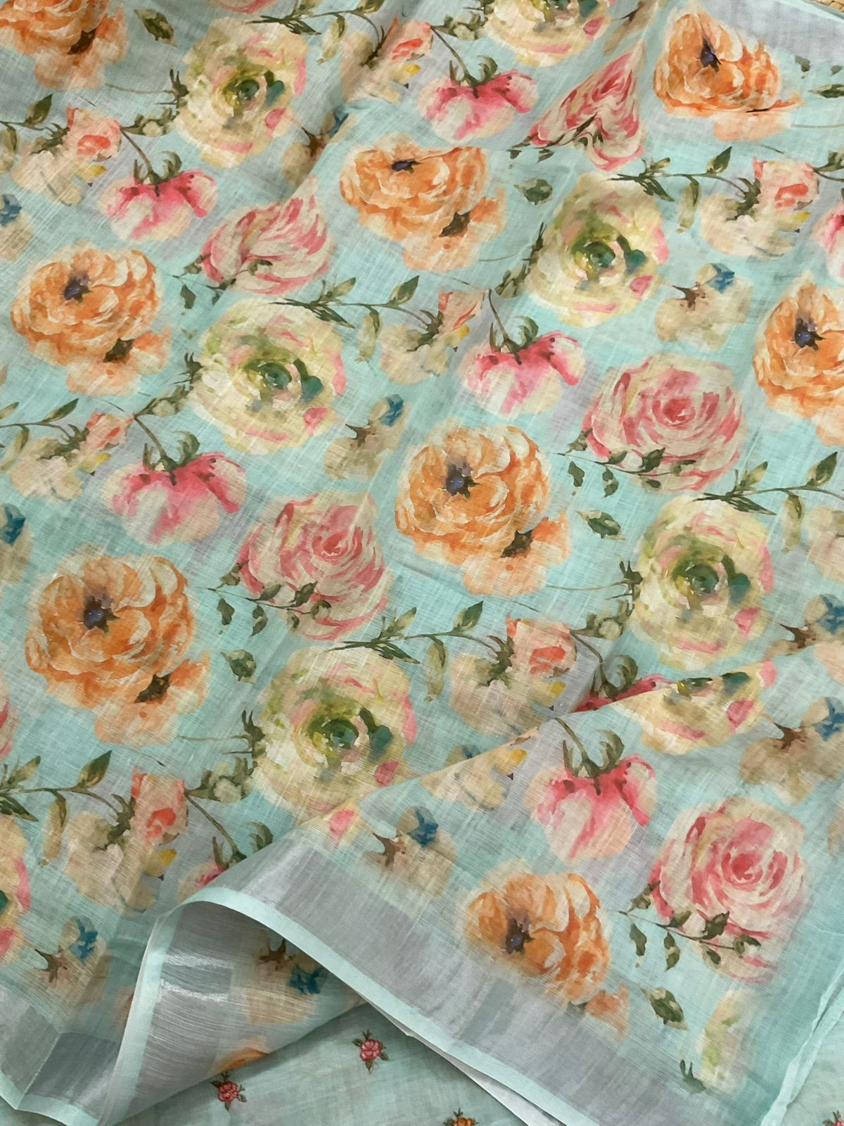 Soft Linen Jute Cotton Printed Embroidered Suit - Blue