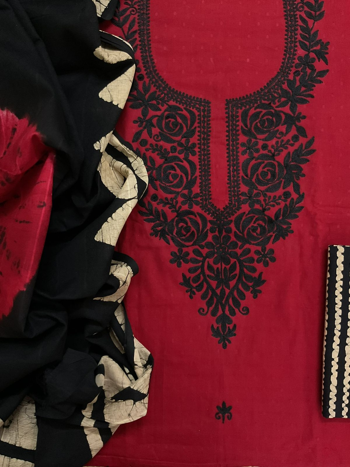 Pure Cotton Self Weaved Printed Embroidered Suit - Dark Red