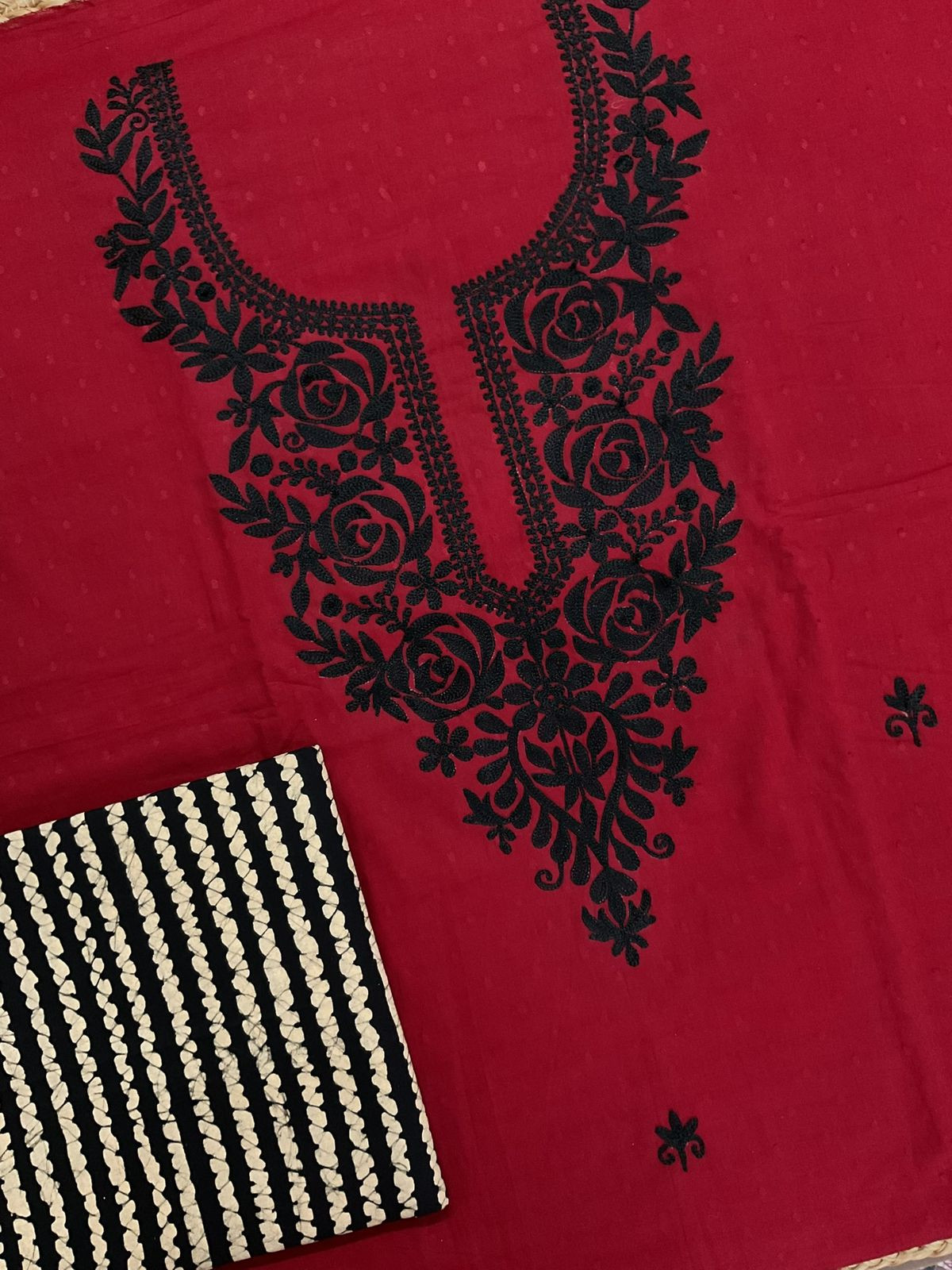 Pure Cotton Self Weaved Printed Embroidered Suit - Dark Red