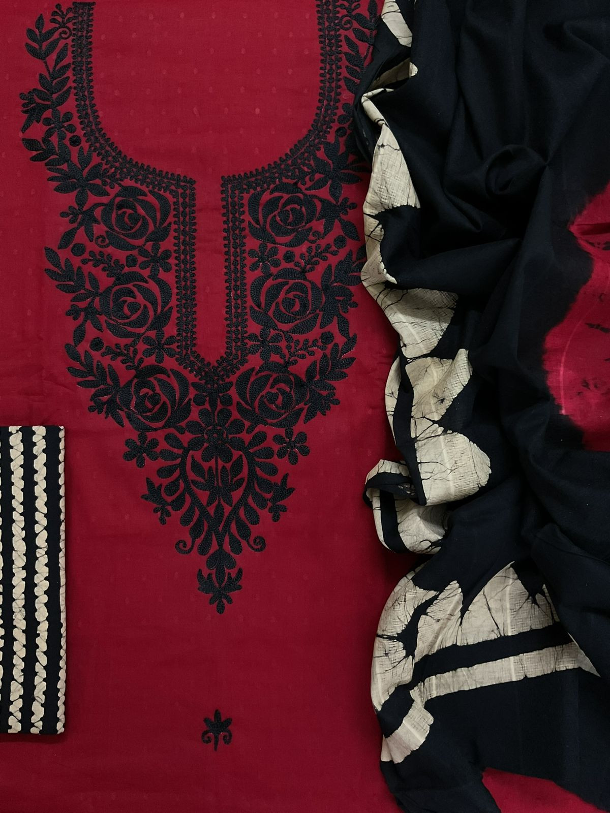 Pure Cotton Self Weaved Printed Embroidered Suit - Dark Red