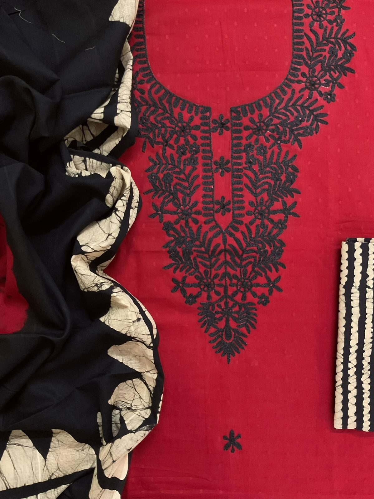 Pure Cotton Self Weaved Printed Embroidered Suit - Dark Red