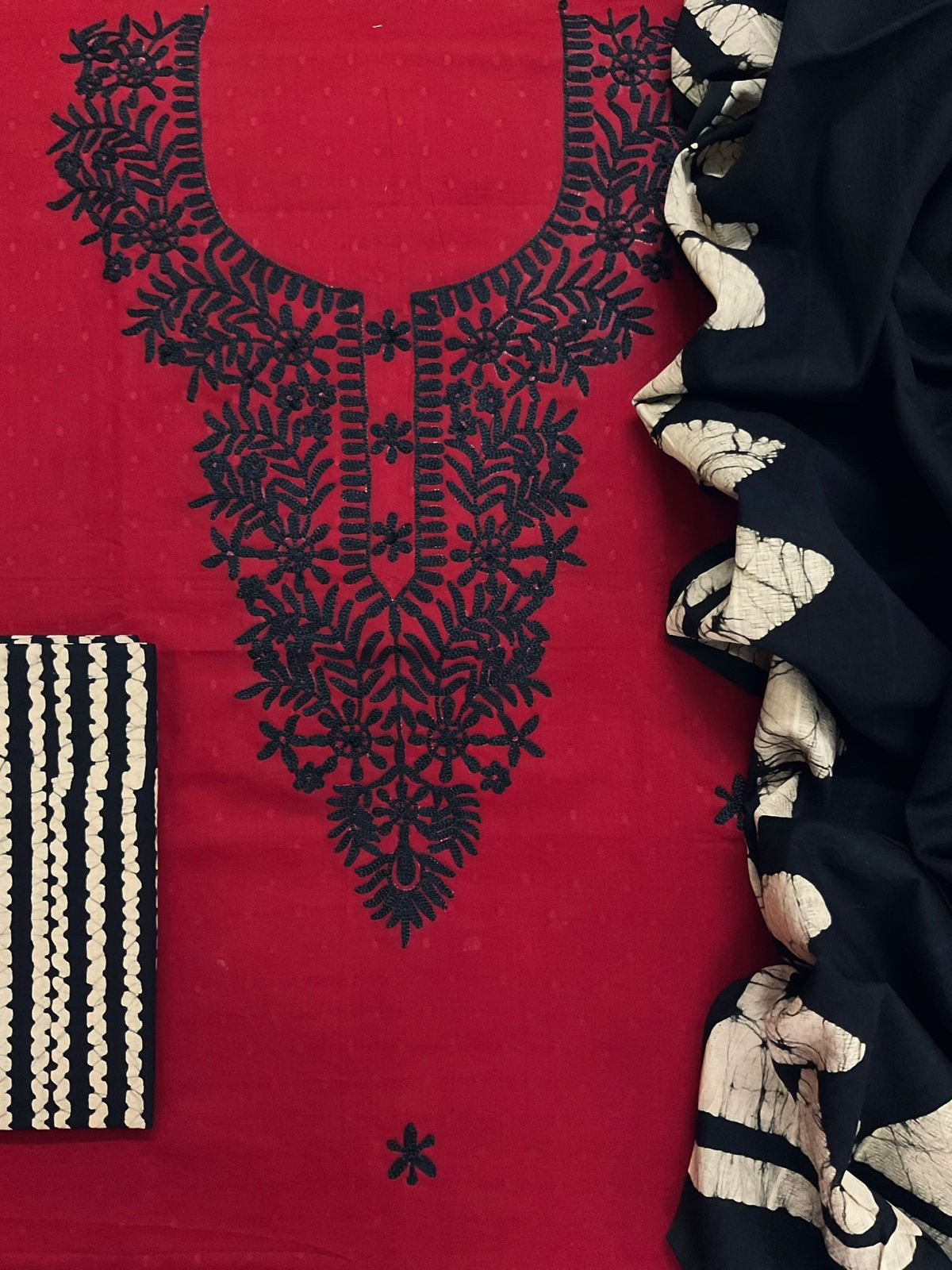 Pure Cotton Self Weaved Printed Embroidered Suit - Dark Red