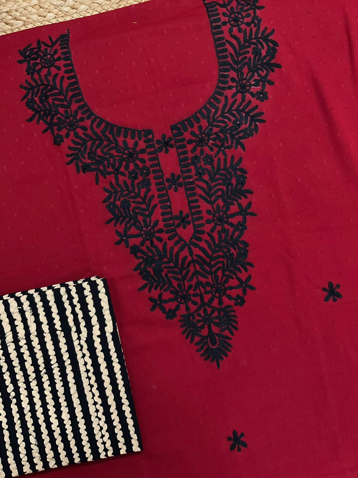 Pure Cotton Self Weaved Printed Embroidered Suit - Dark Red