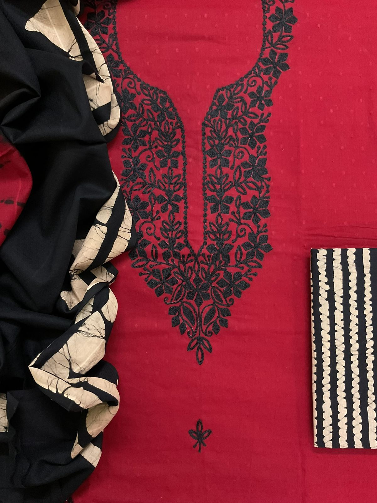 Pure Cotton Self Weaved Printed Embroidered Suit - Dark Red