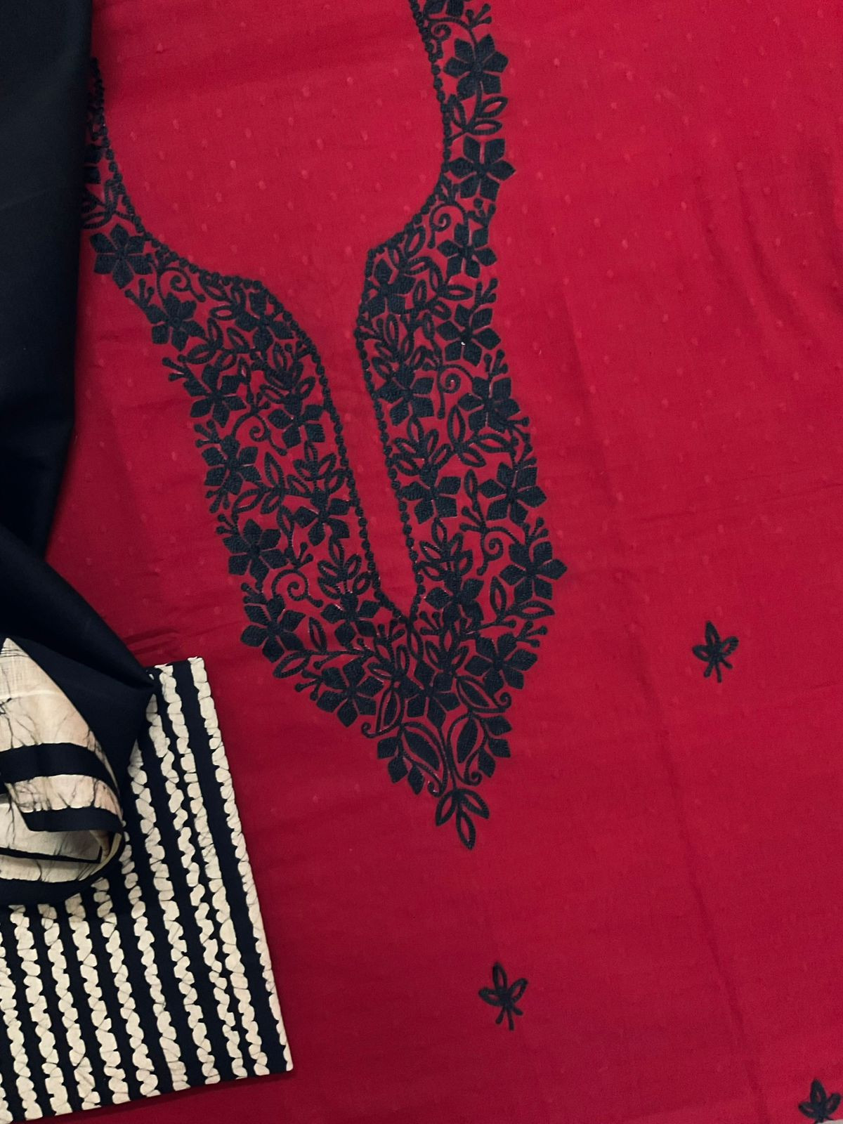 Pure Cotton Self Weaved Printed Embroidered Suit - Dark Red