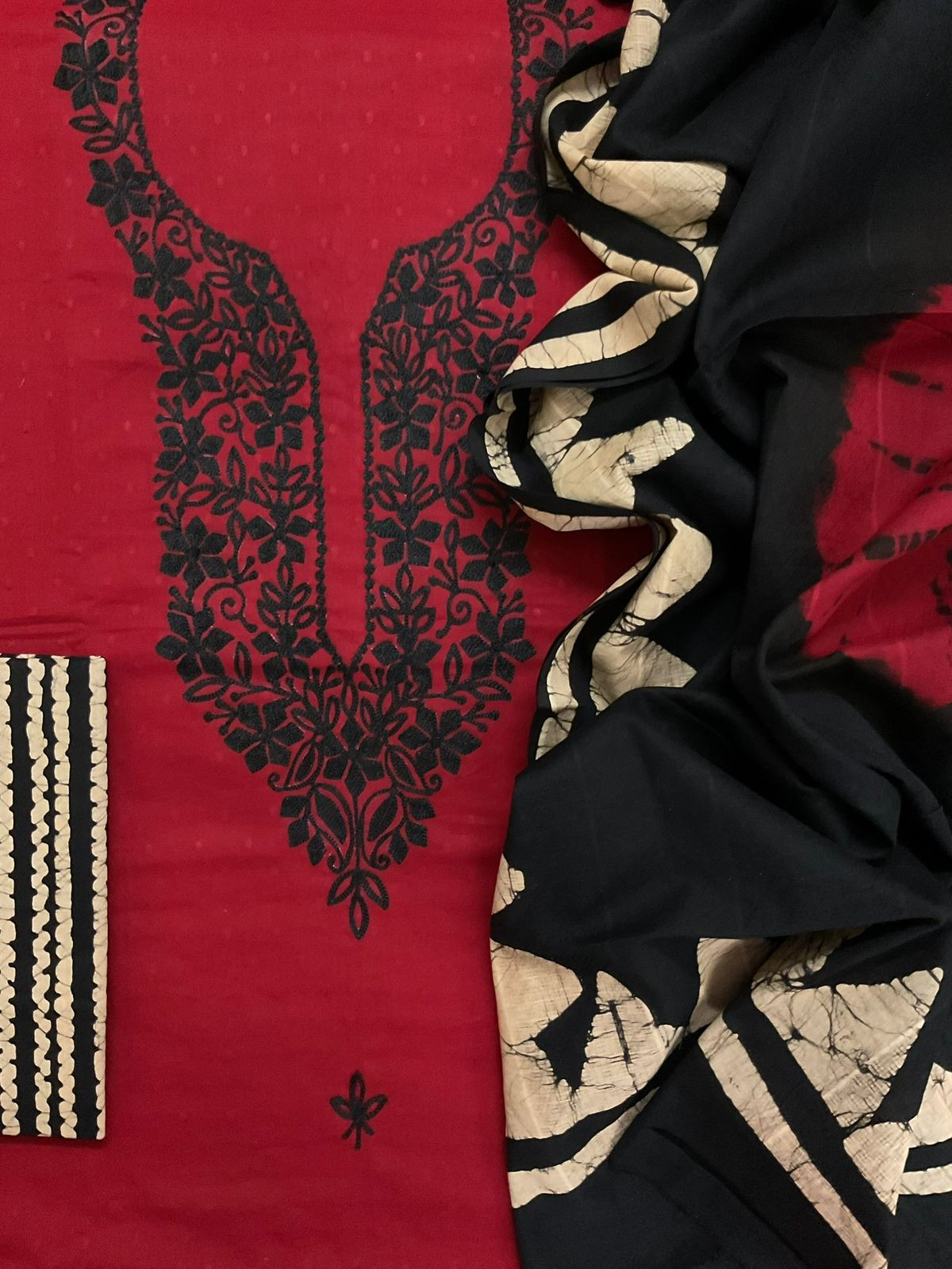 Pure Cotton Self Weaved Printed Embroidered Suit - Dark Red