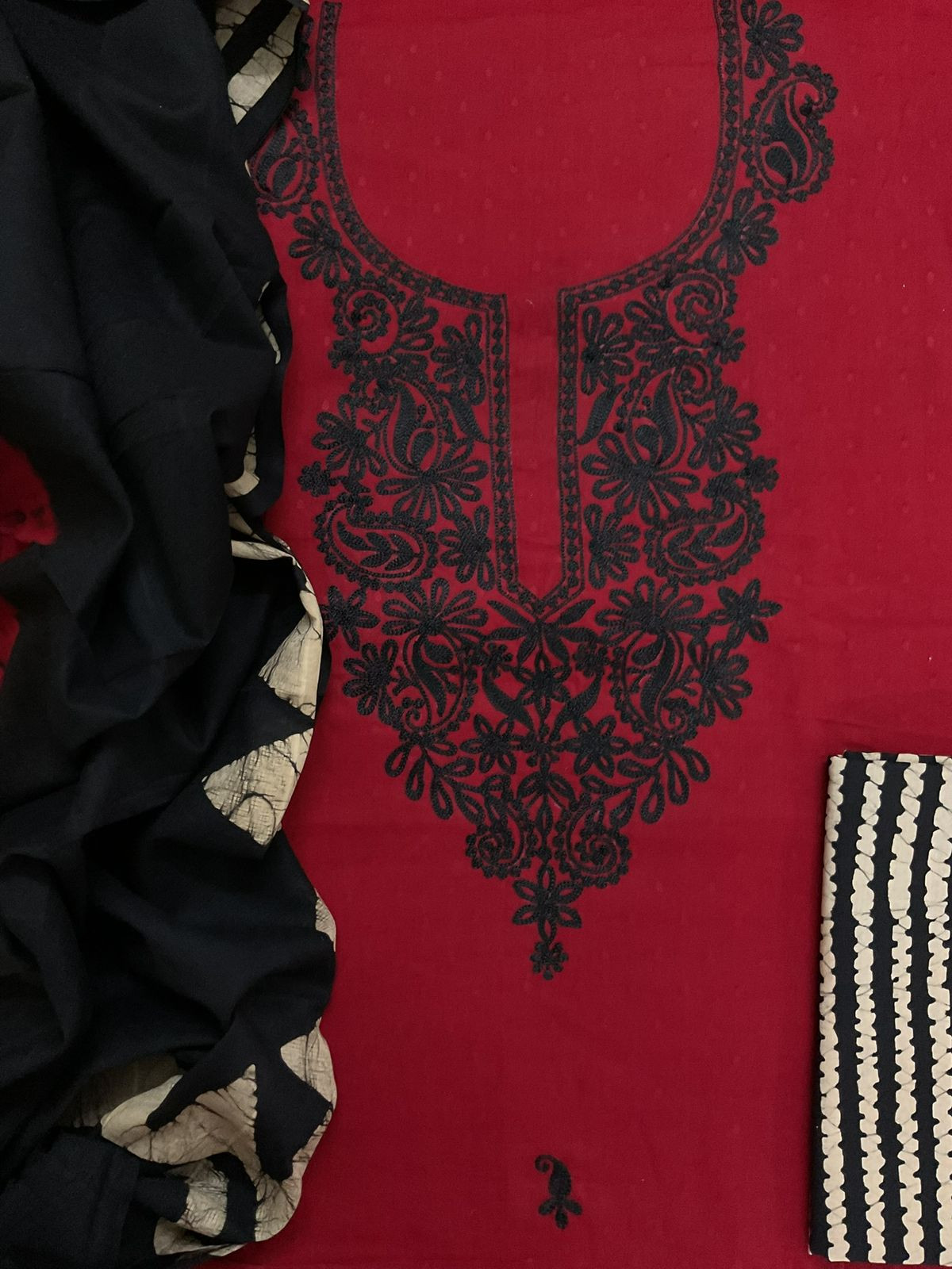 Pure Cotton Self Weaved Printed Embroidered Suit - Dark Red