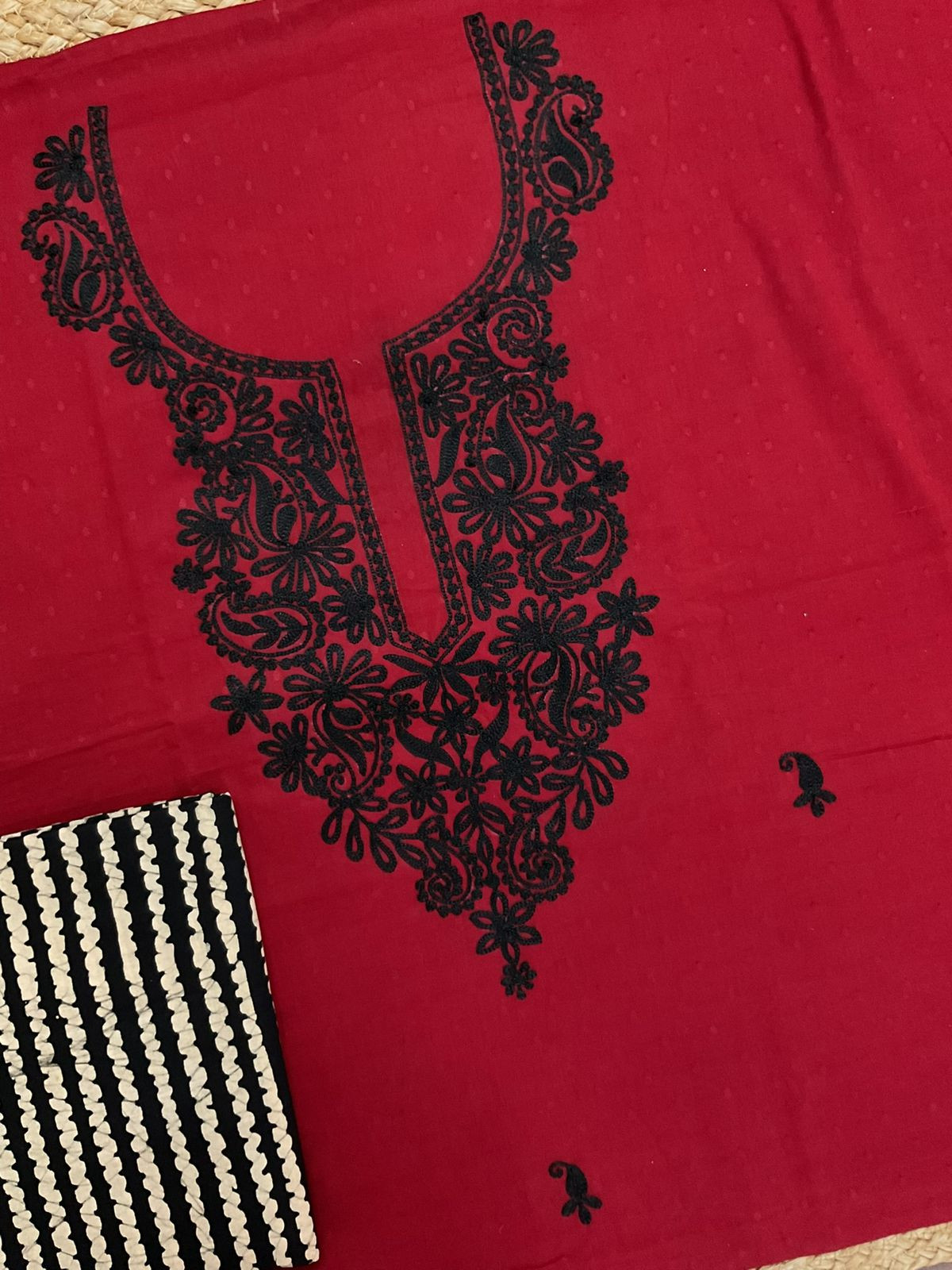 Pure Cotton Self Weaved Printed Embroidered Suit - Dark Red