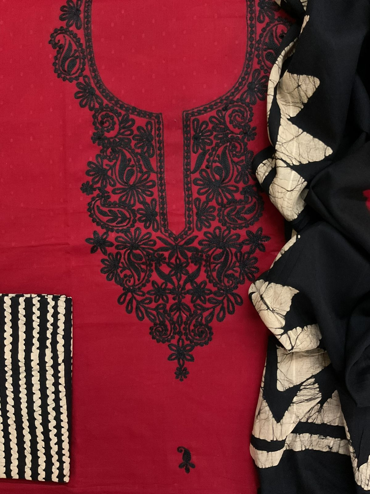 Pure Cotton Self Weaved Printed Embroidered Suit - Dark Red