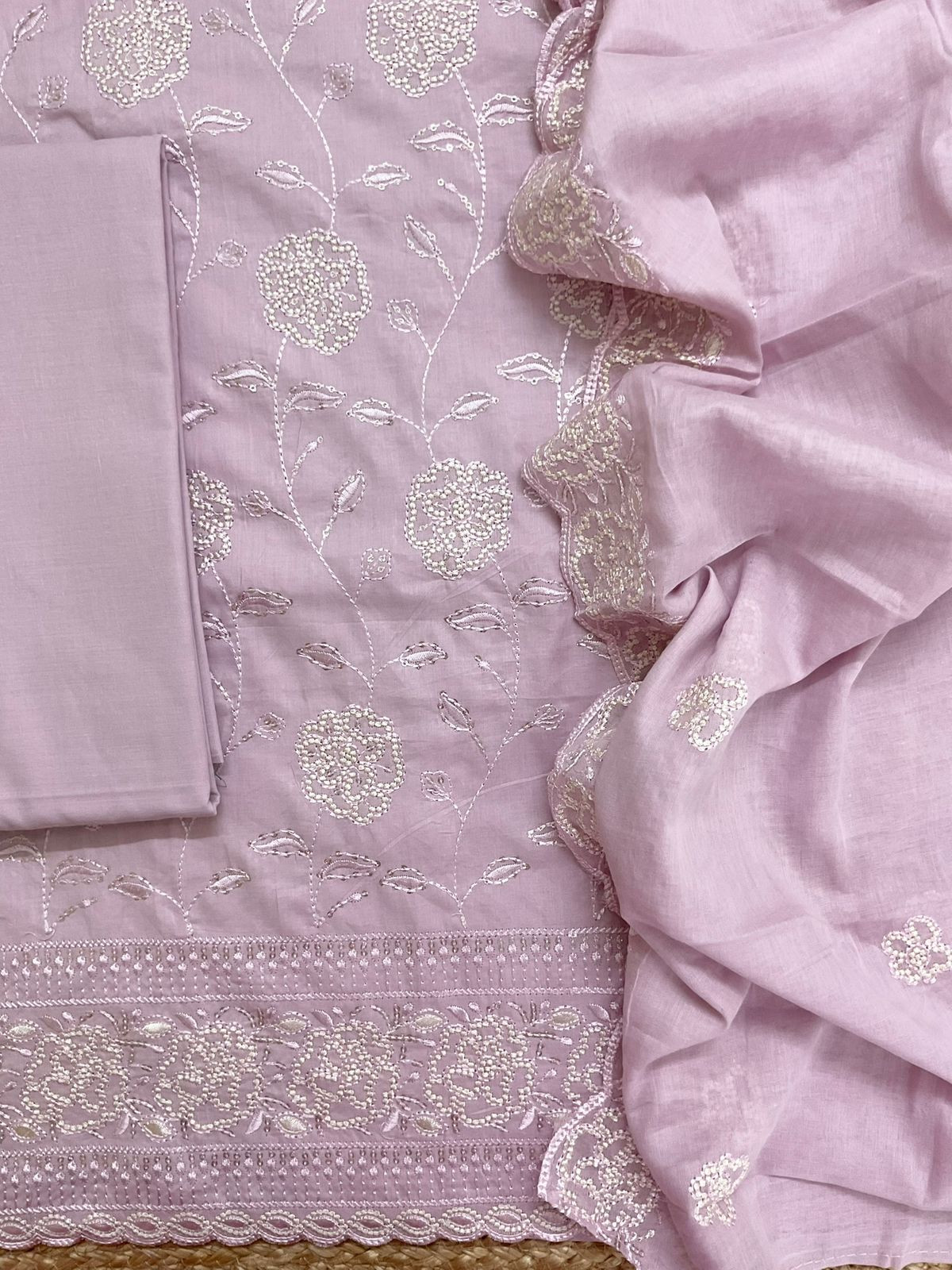 Pure Cotton Embroidered Suit - Lilac