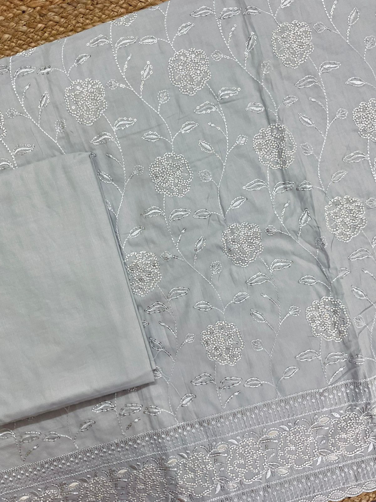 Pure Cotton Embroidered Suit - Grey