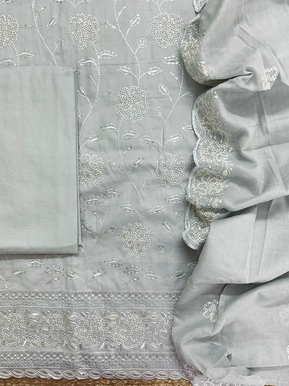Pure Cotton Embroidered Suit - Grey