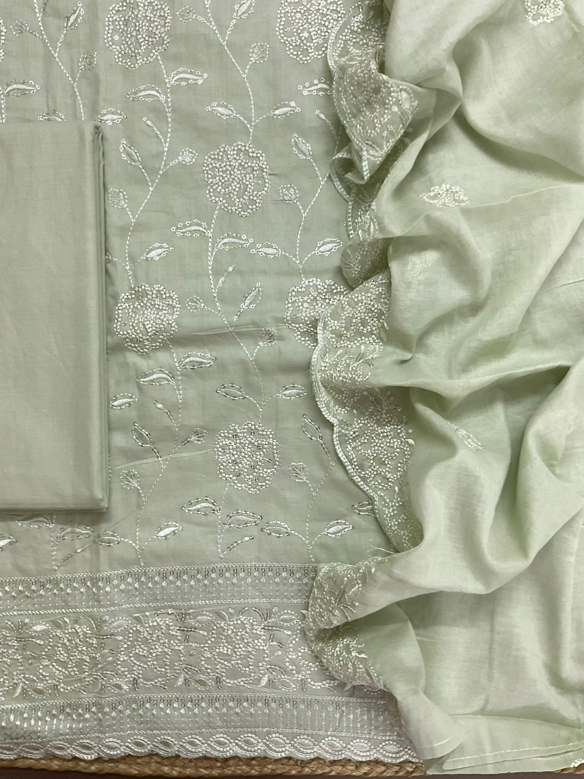 Pure Cotton Embroidered Suit - Green