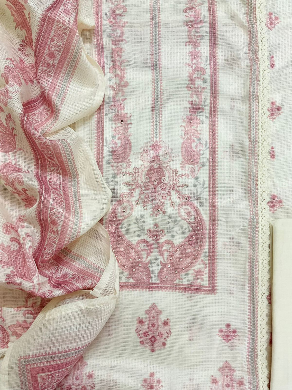 Soft Kota Silk Printed Embroidered Suit - Cream