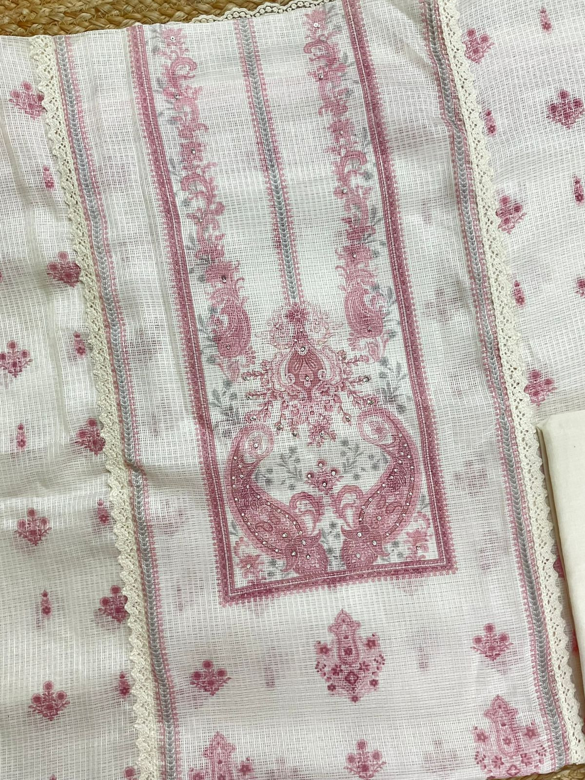 Soft Kota Silk Printed Embroidered Suit - Cream