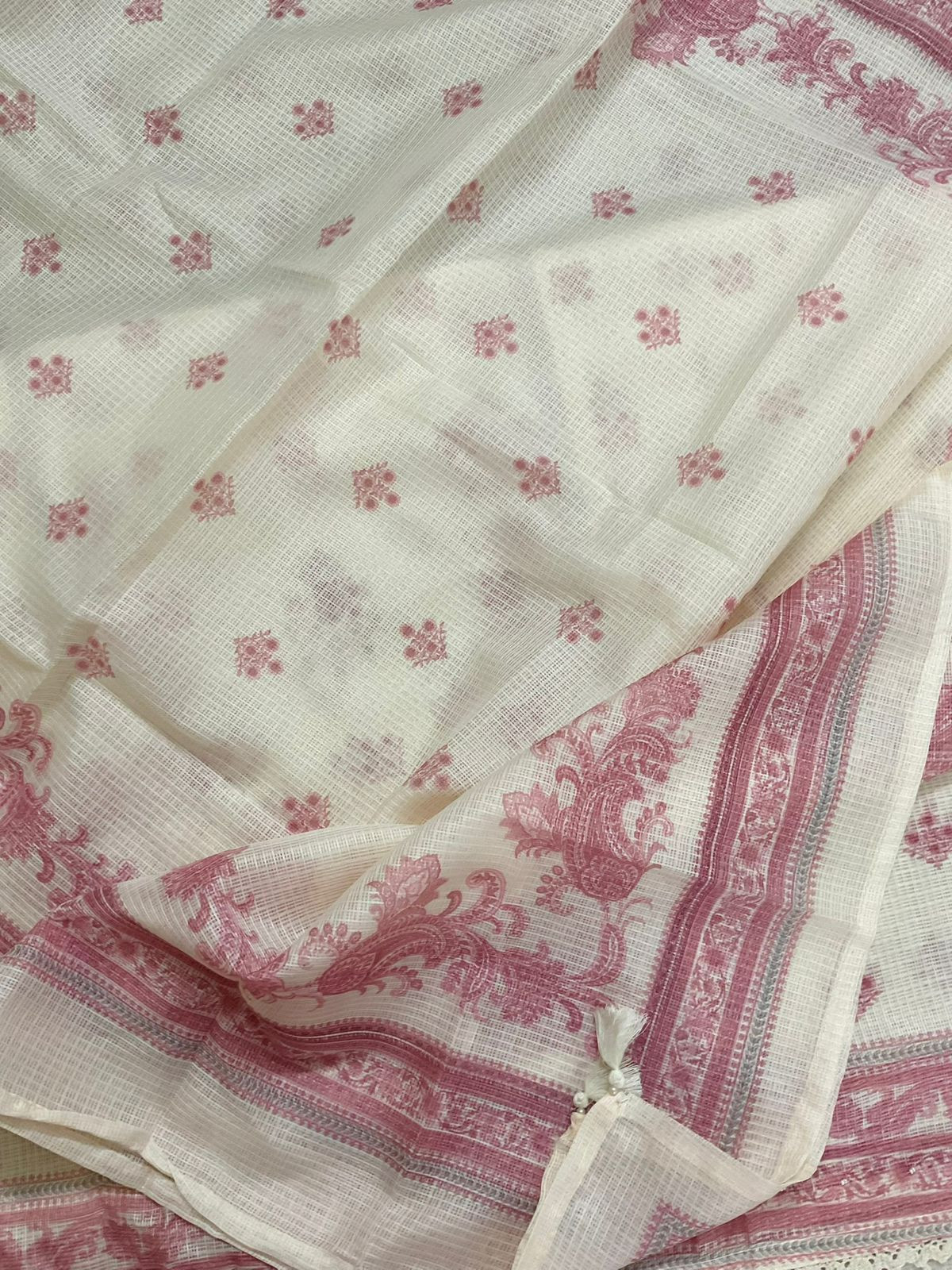 Soft Kota Silk Printed Embroidered Suit - Cream