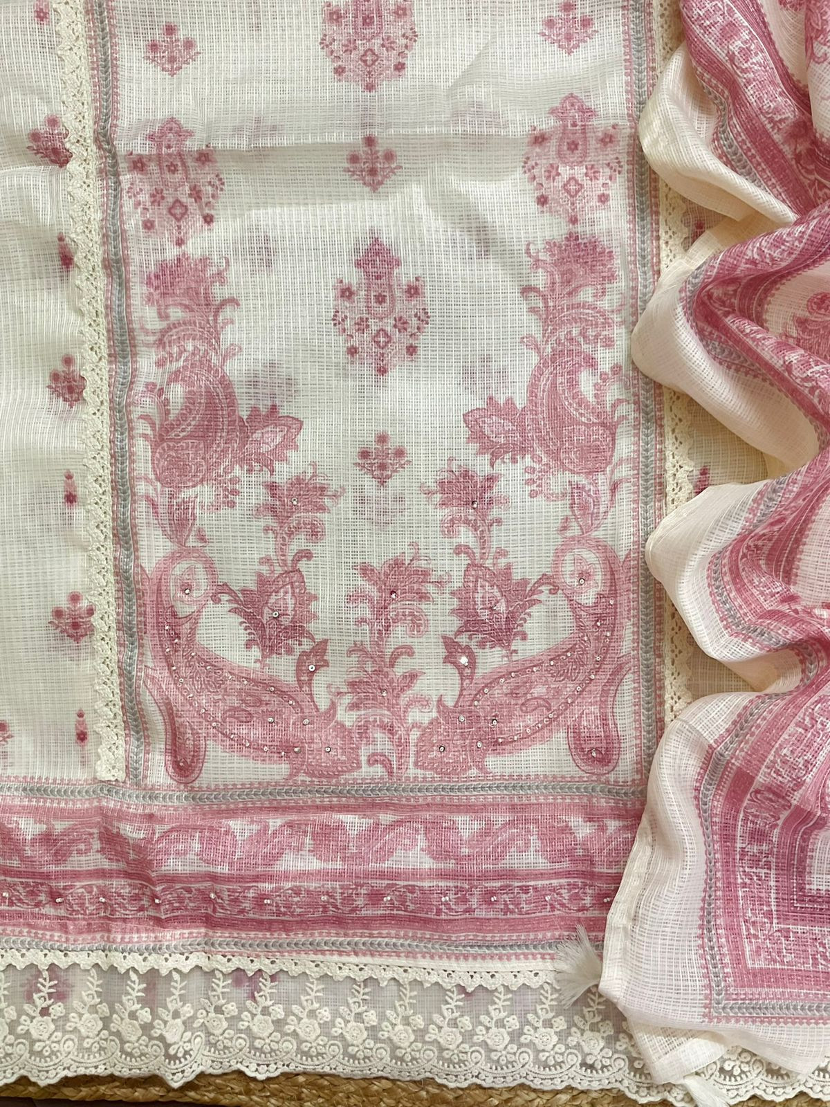 Soft Kota Silk Printed Embroidered Suit - Cream