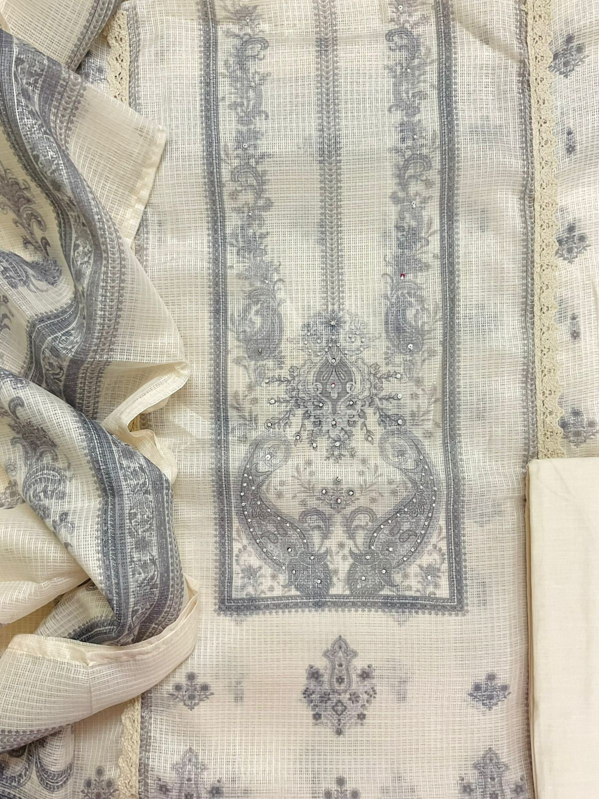 Soft Kota Silk Printed Embroidered Suit - Cream