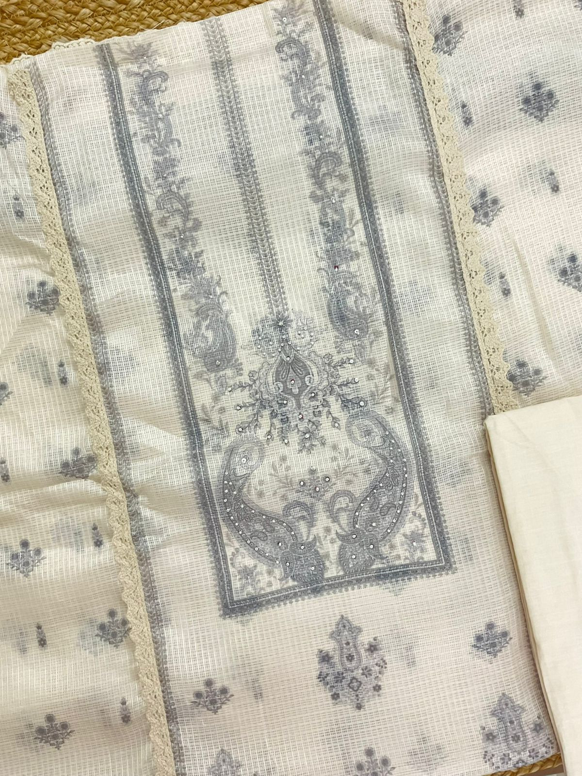 Soft Kota Silk Printed Embroidered Suit - Cream