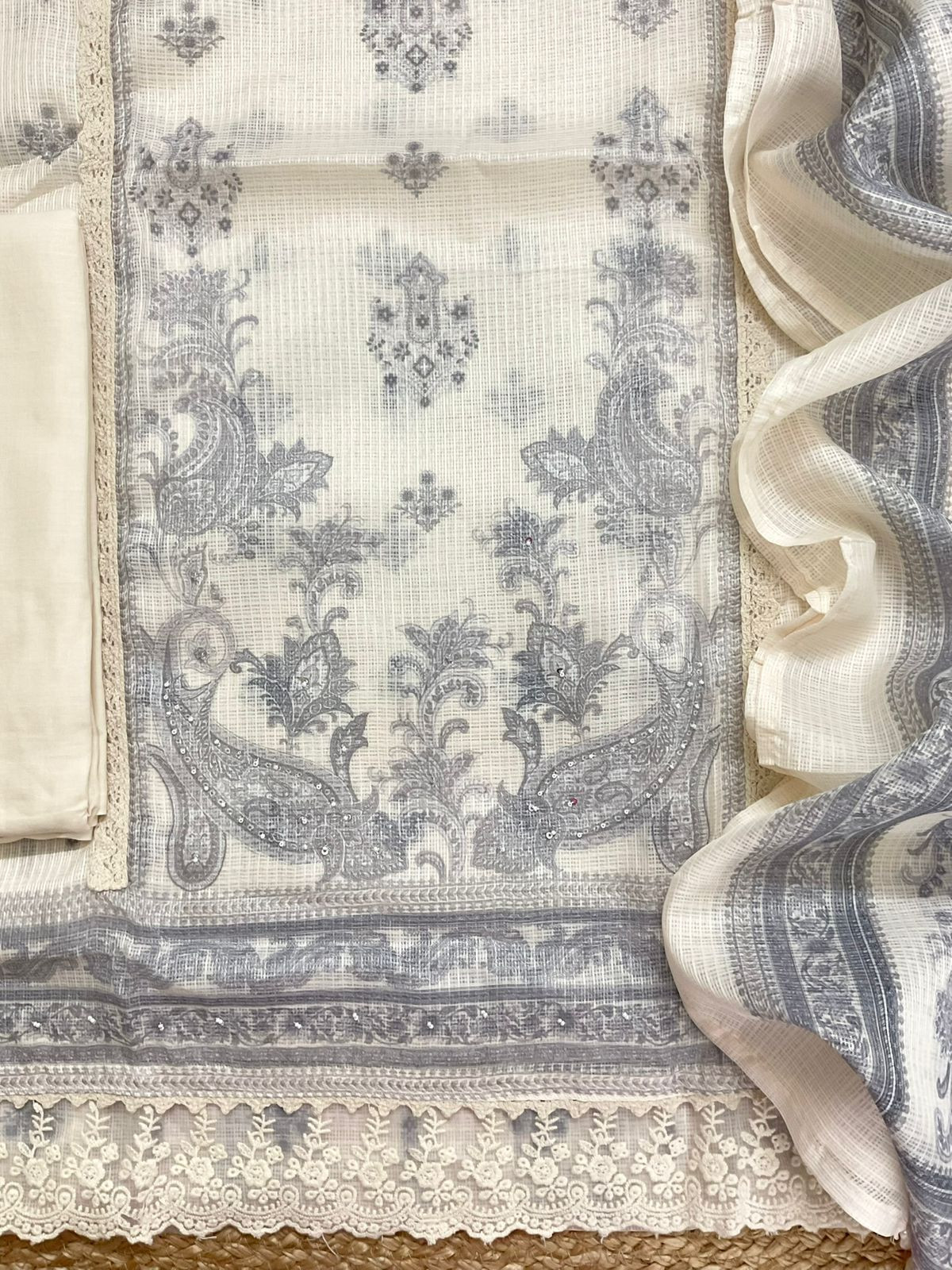 Soft Kota Silk Printed Embroidered Suit - Cream