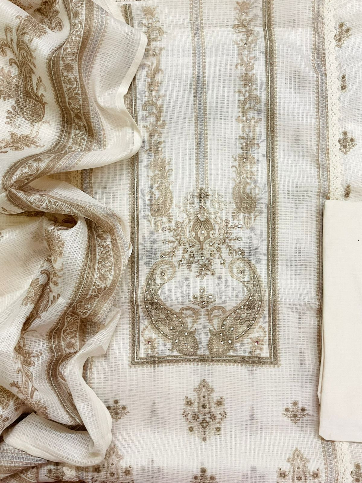 Soft Kota Silk Printed Embroidered Suit - Cream