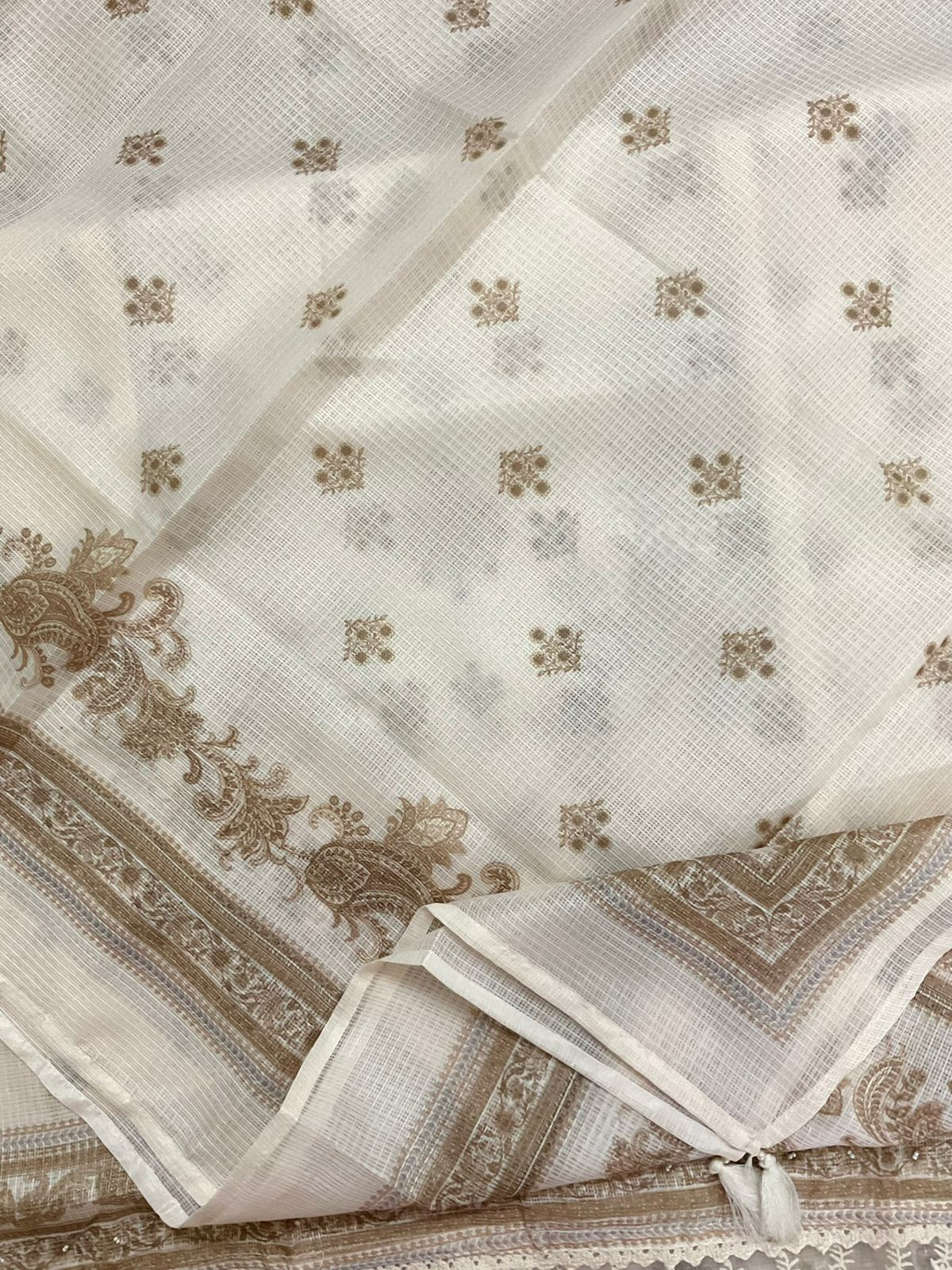 Soft Kota Silk Printed Embroidered Suit - Cream