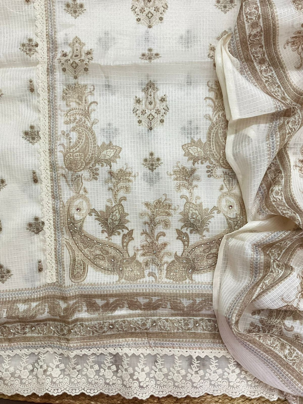 Soft Kota Silk Printed Embroidered Suit - Cream