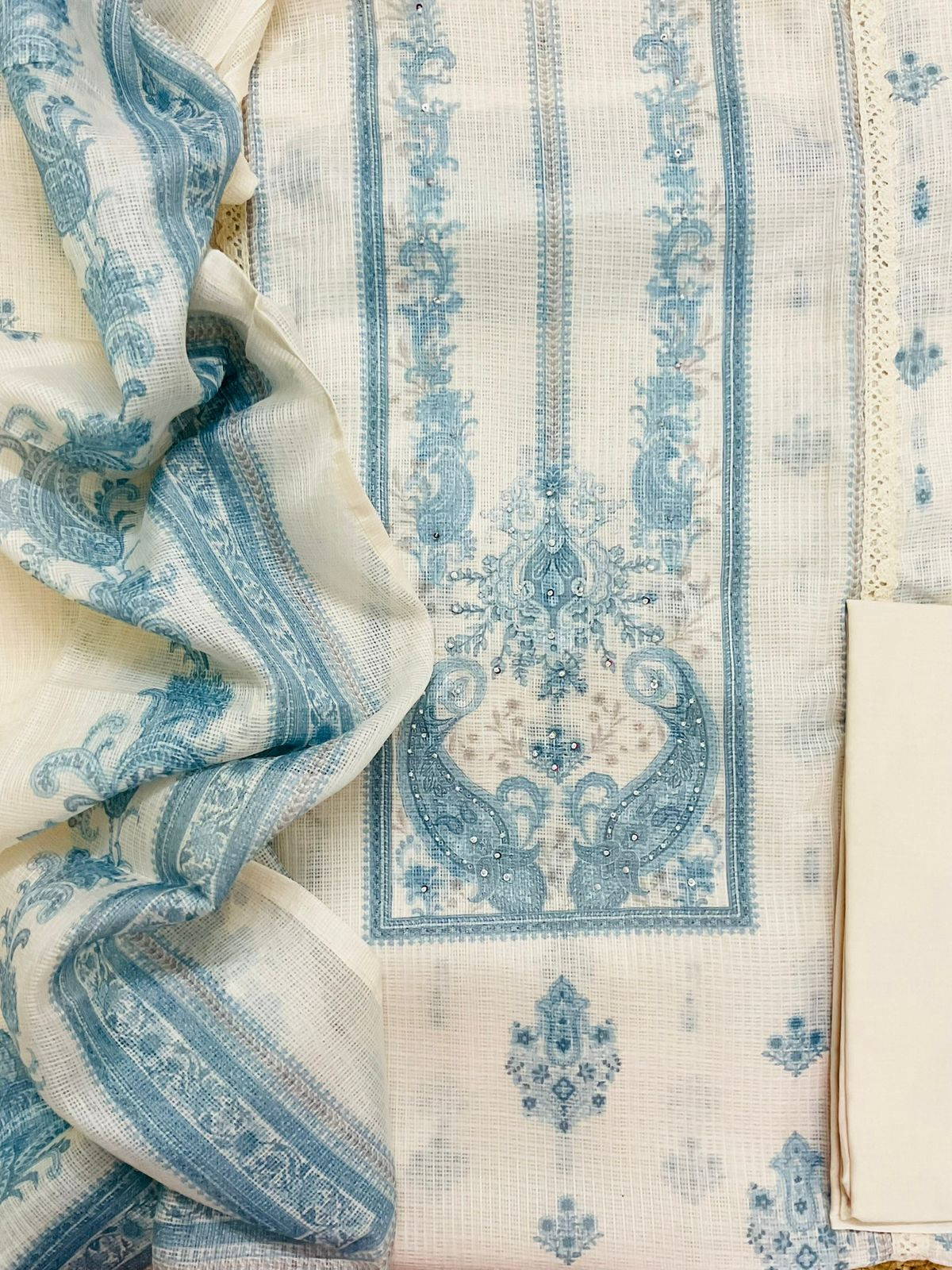 Soft Kota Silk Printed Embroidered Suit - Cream