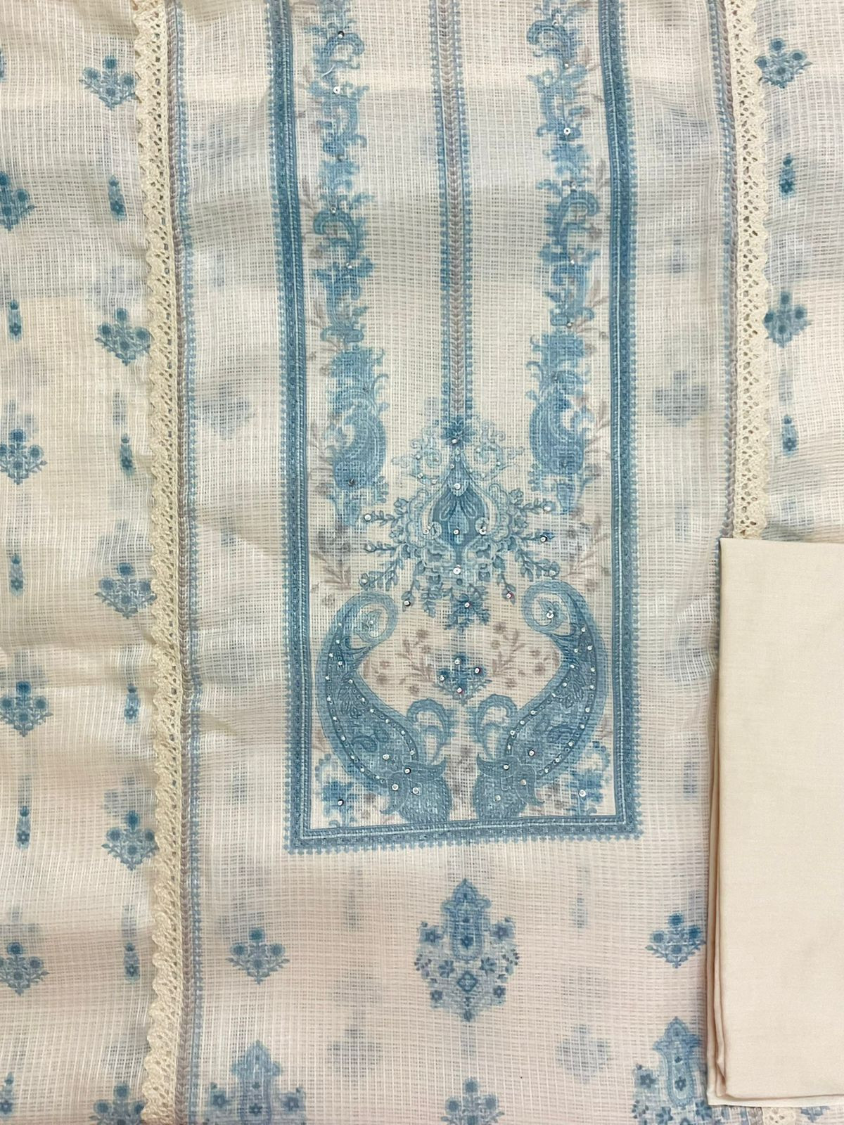 Soft Kota Silk Printed Embroidered Suit - Cream