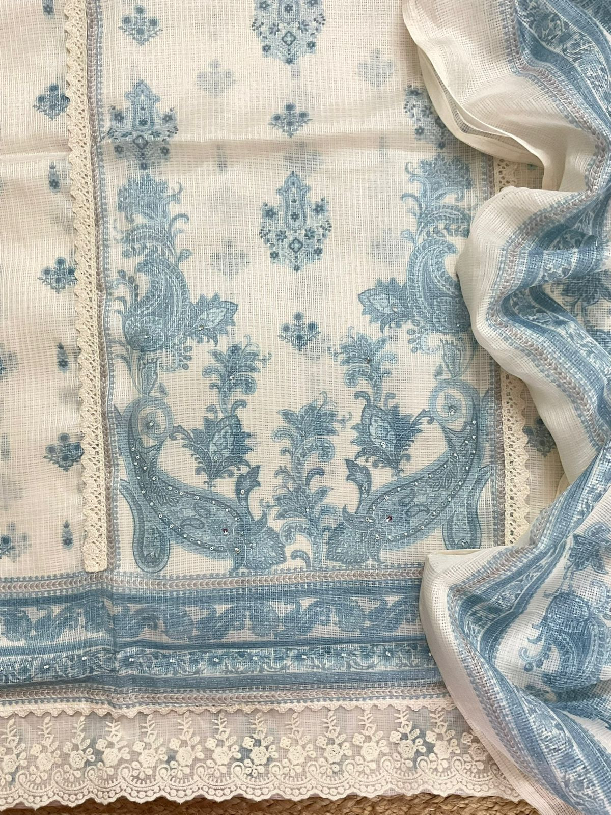 Soft Kota Silk Printed Embroidered Suit - Cream