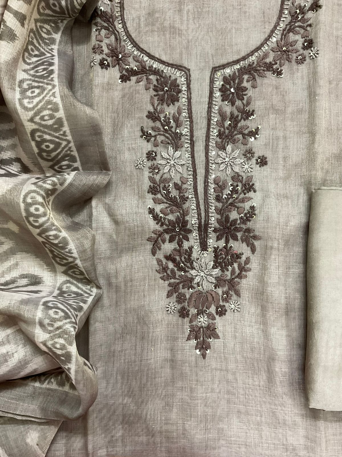 Soft Tissue Slub Cotton Printed Embroidered Suit - Brown