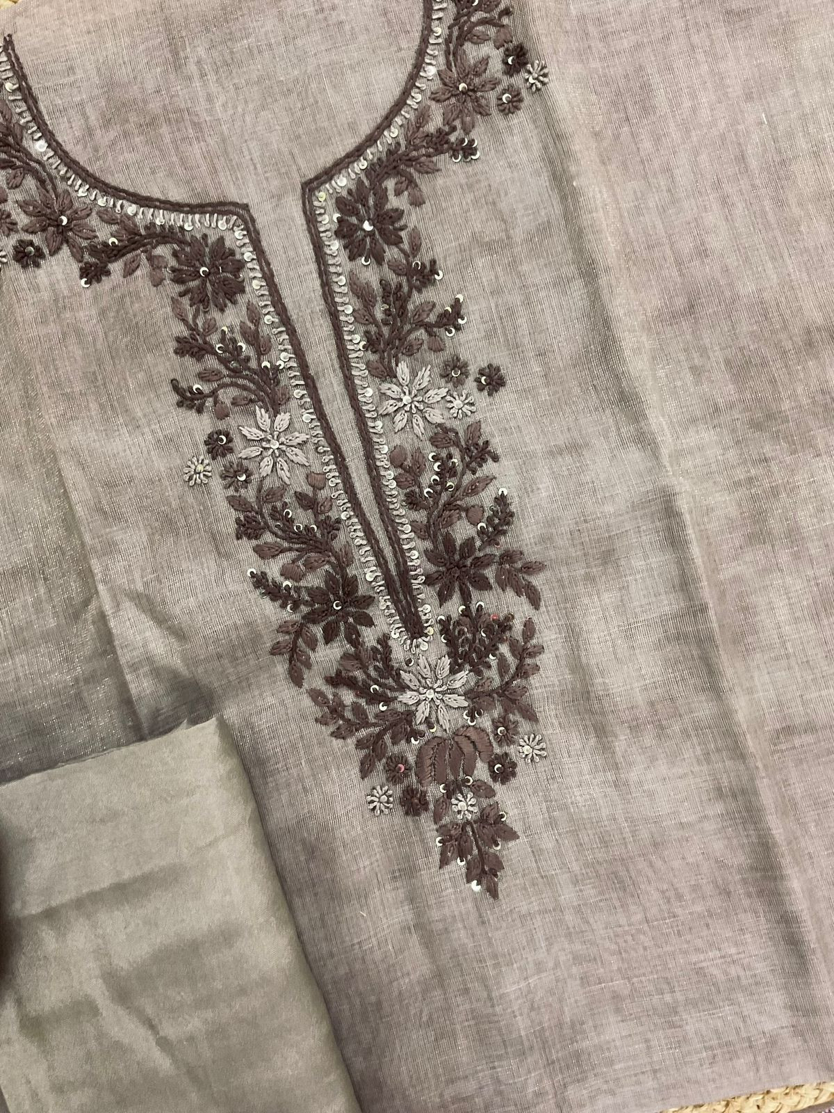 Soft Tissue Slub Cotton Printed Embroidered Suit - Brown