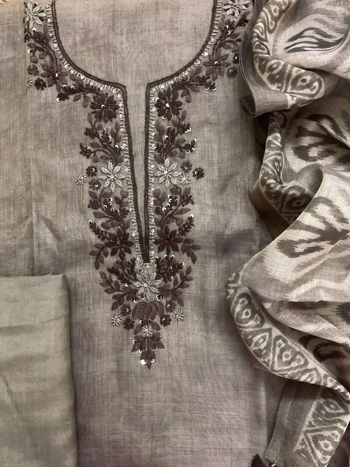 Soft Tissue Slub Cotton Printed Embroidered Suit - Brown