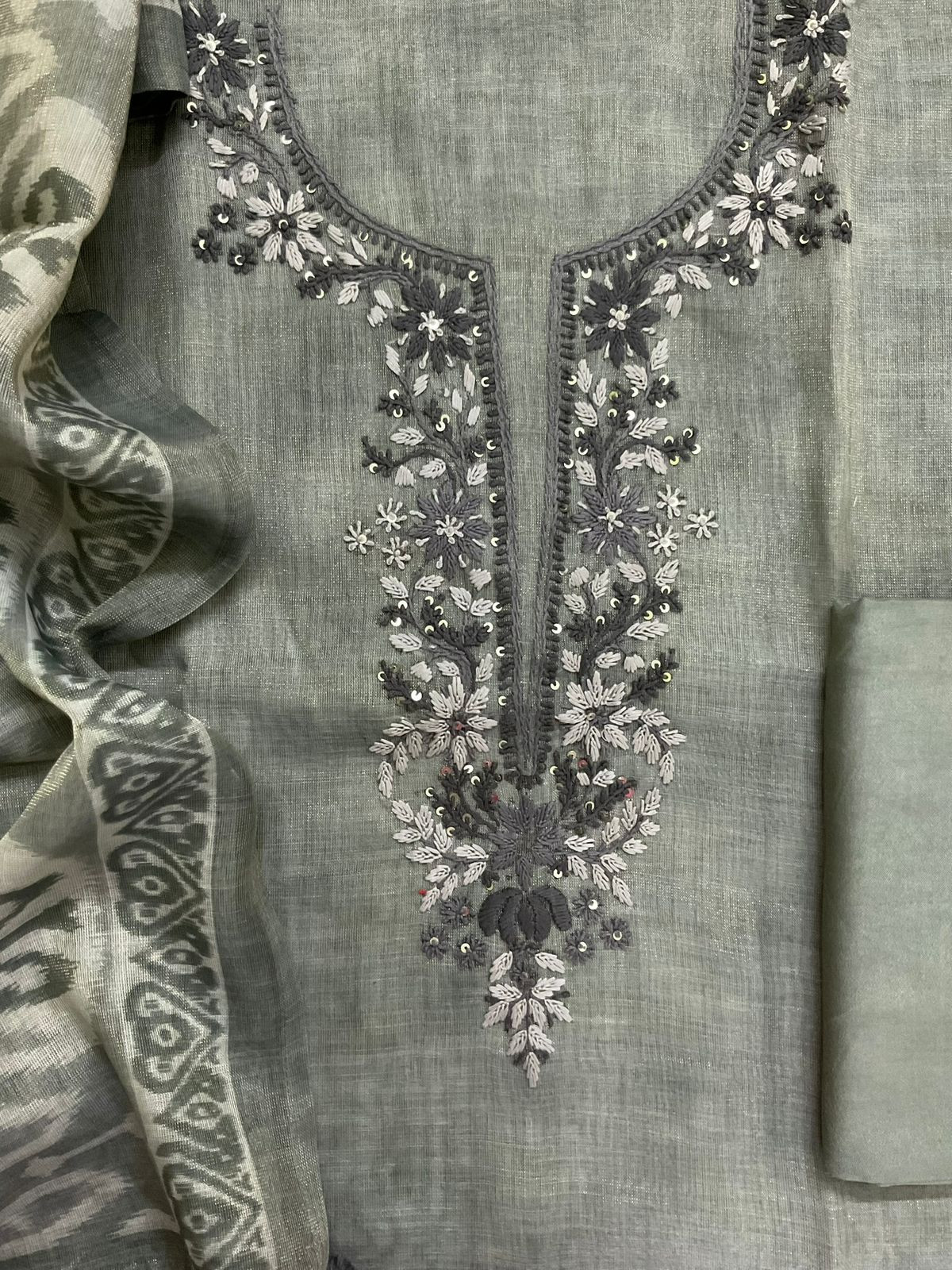 Soft Tissue Slub Cotton Printed Embroidered Suit - Green