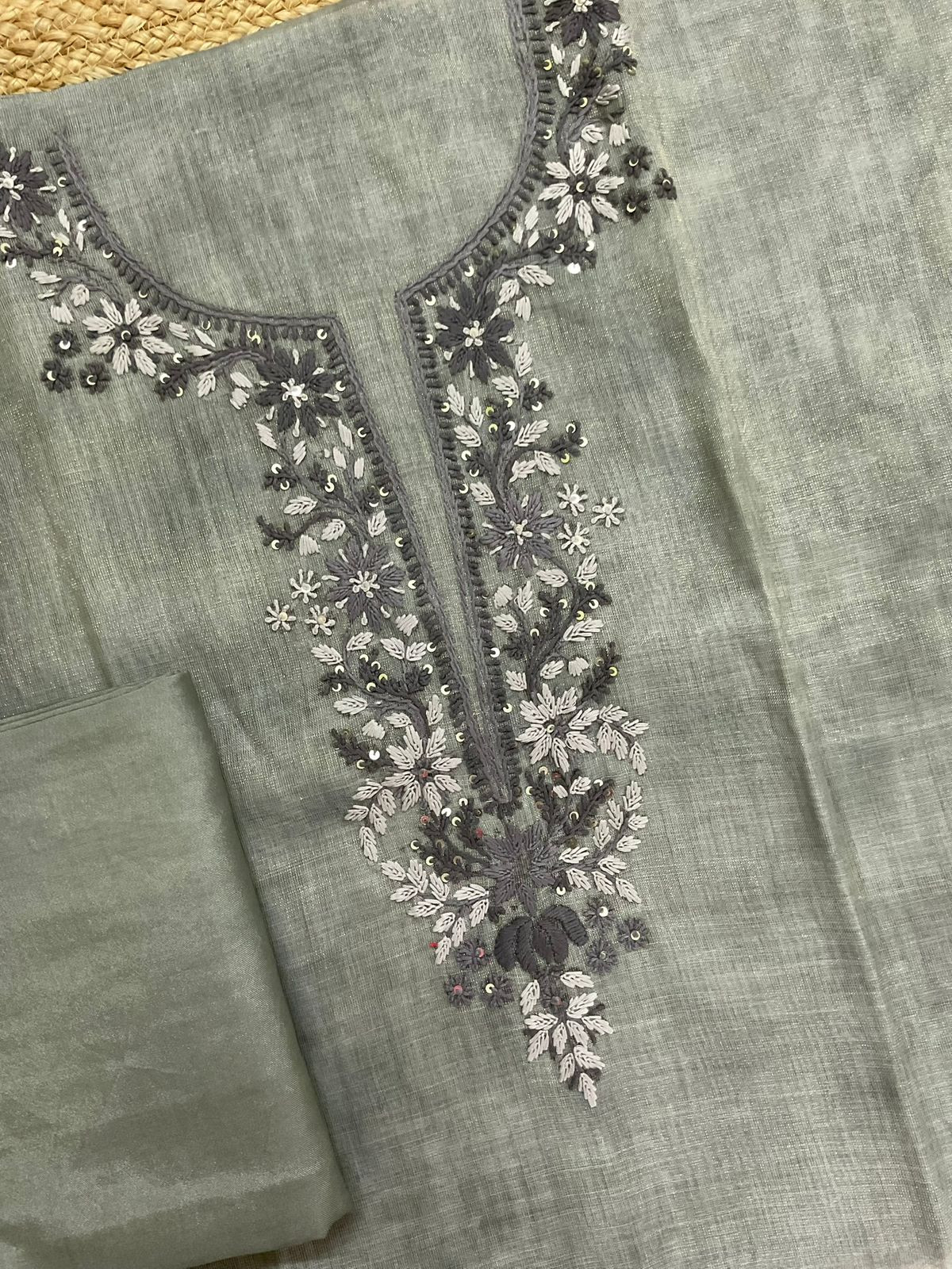 Soft Tissue Slub Cotton Printed Embroidered Suit - Green