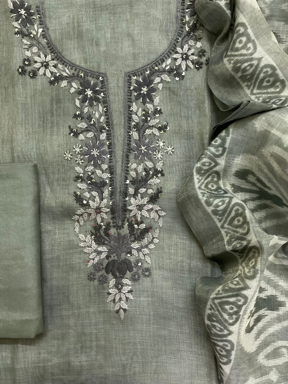 Soft Tissue Slub Cotton Printed Embroidered Suit - Green