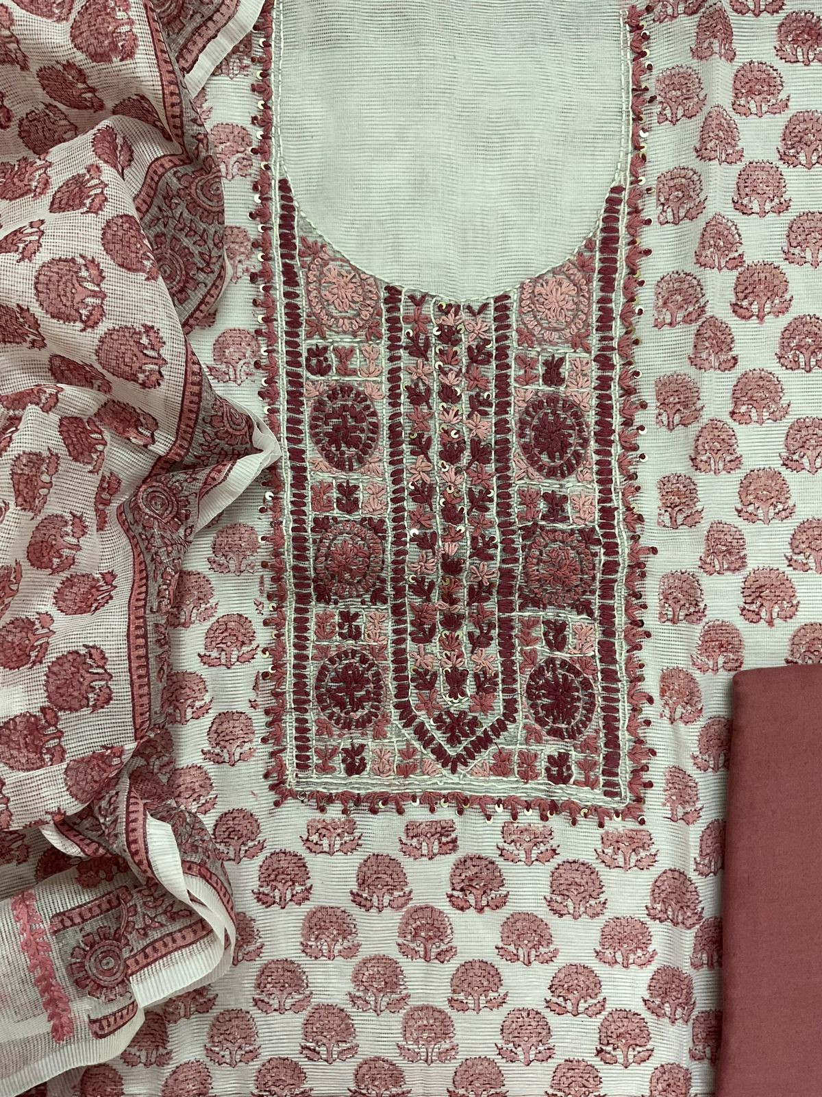 Soft Supernet Printed Embroidered Suit - White