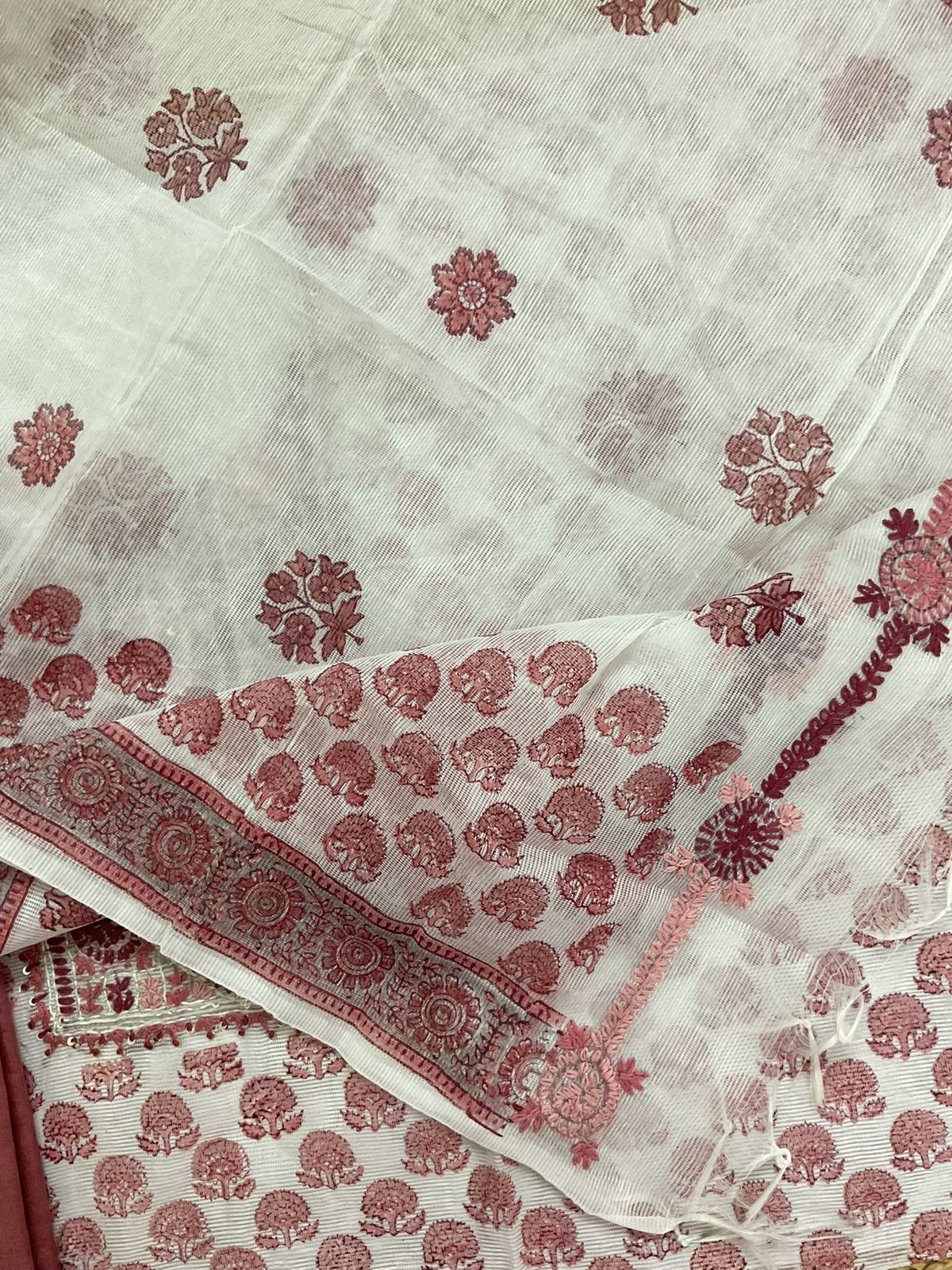 Soft Supernet Printed Embroidered Suit - White