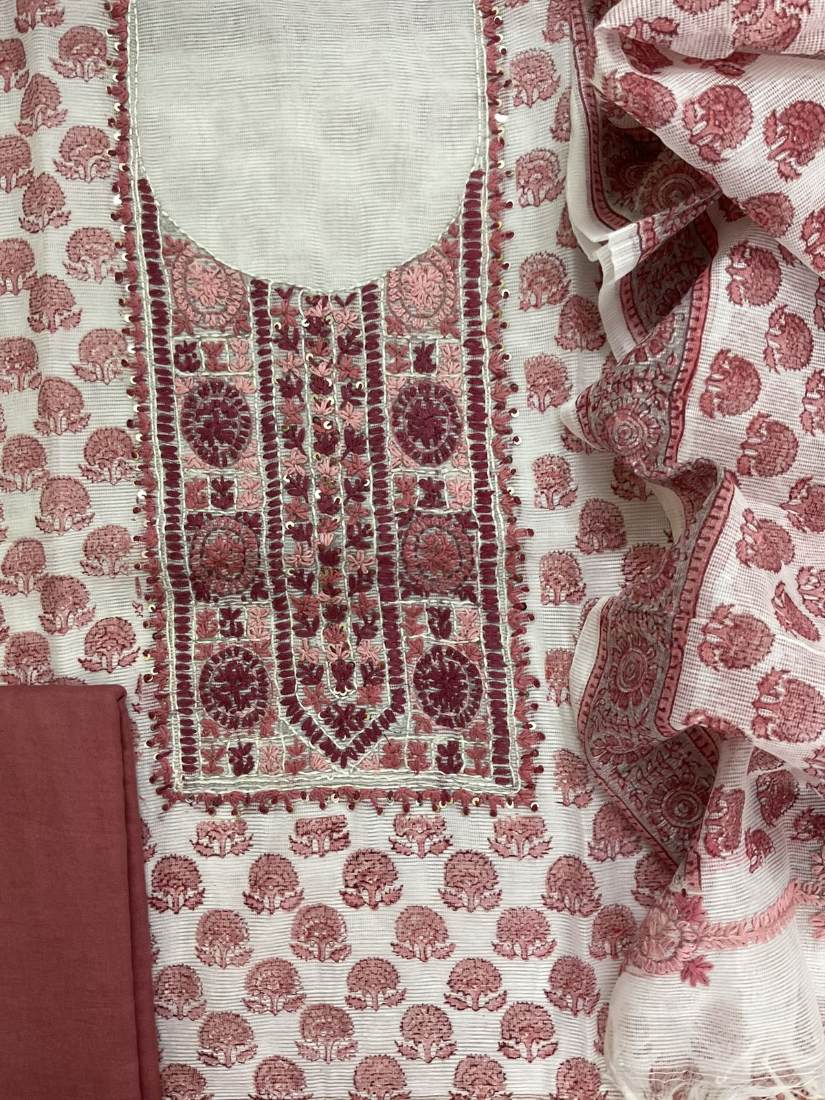 Soft Supernet Printed Embroidered Suit - White