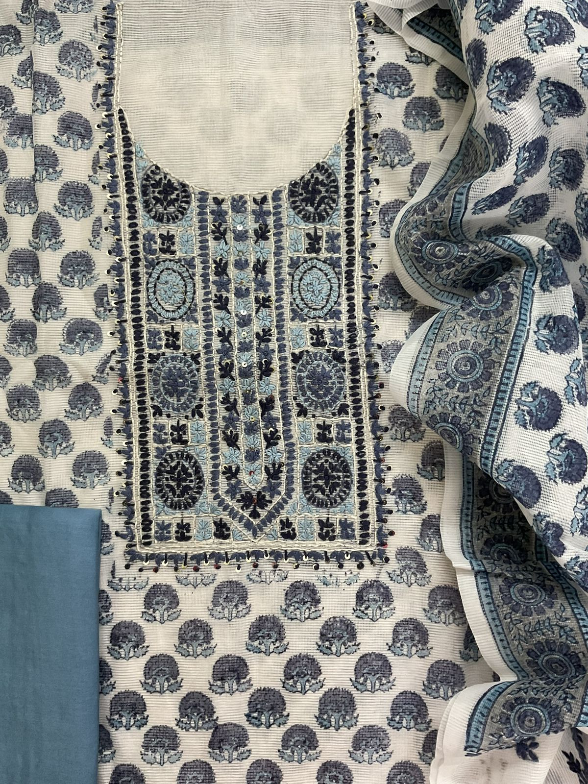 Soft Supernet Printed Embroidered Suit - White