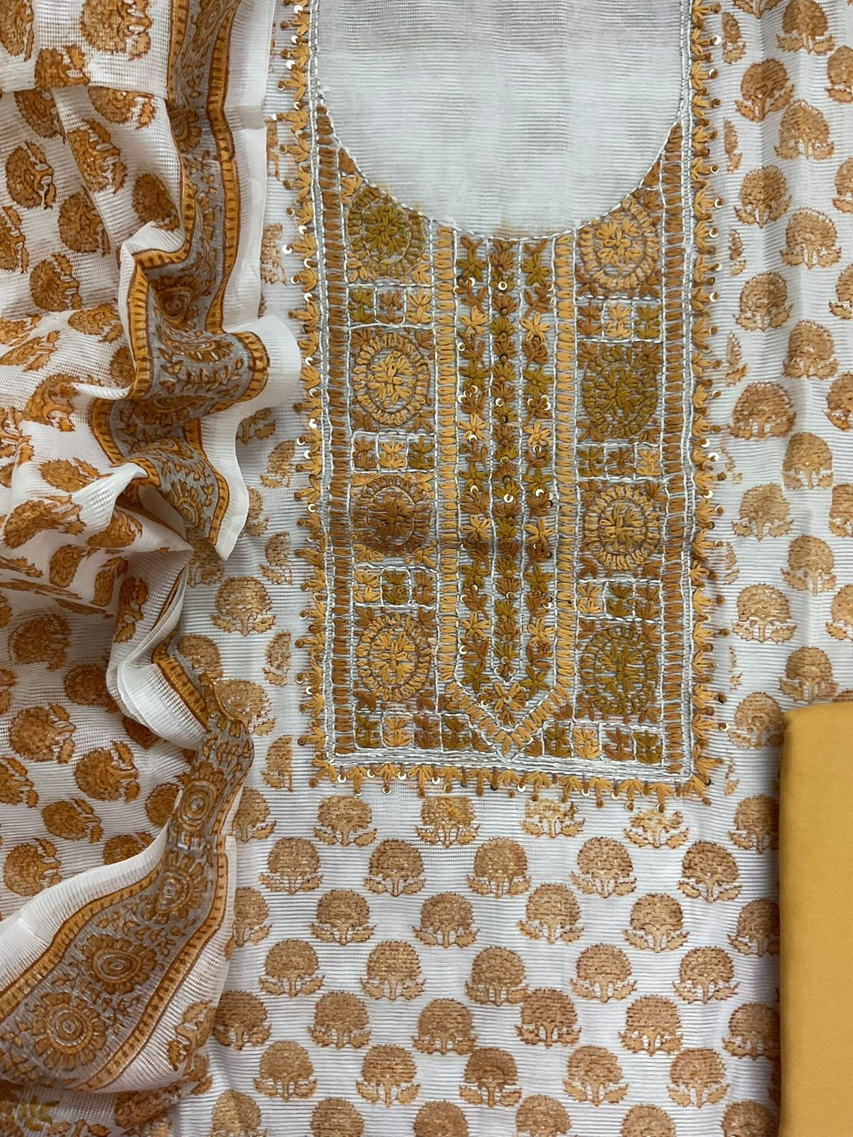 Soft Supernet Printed Embroidered Suit - White