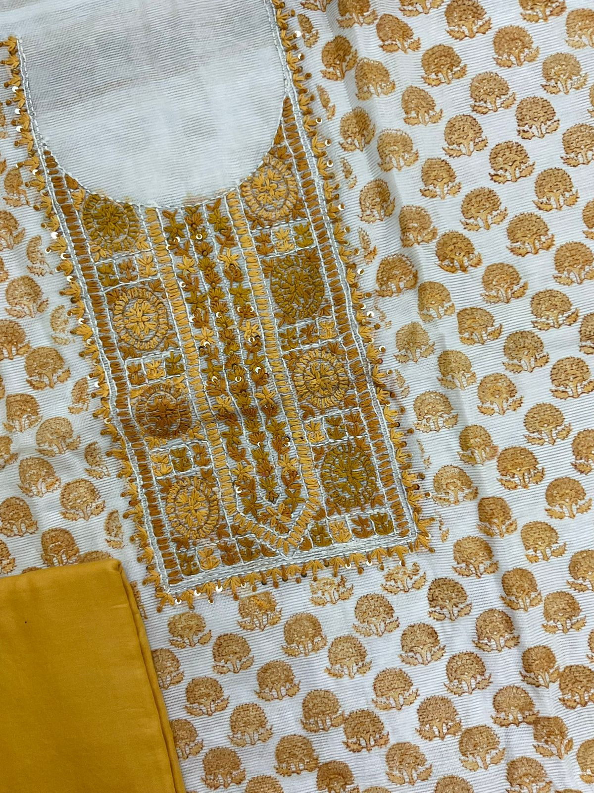 Soft Supernet Printed Embroidered Suit - White