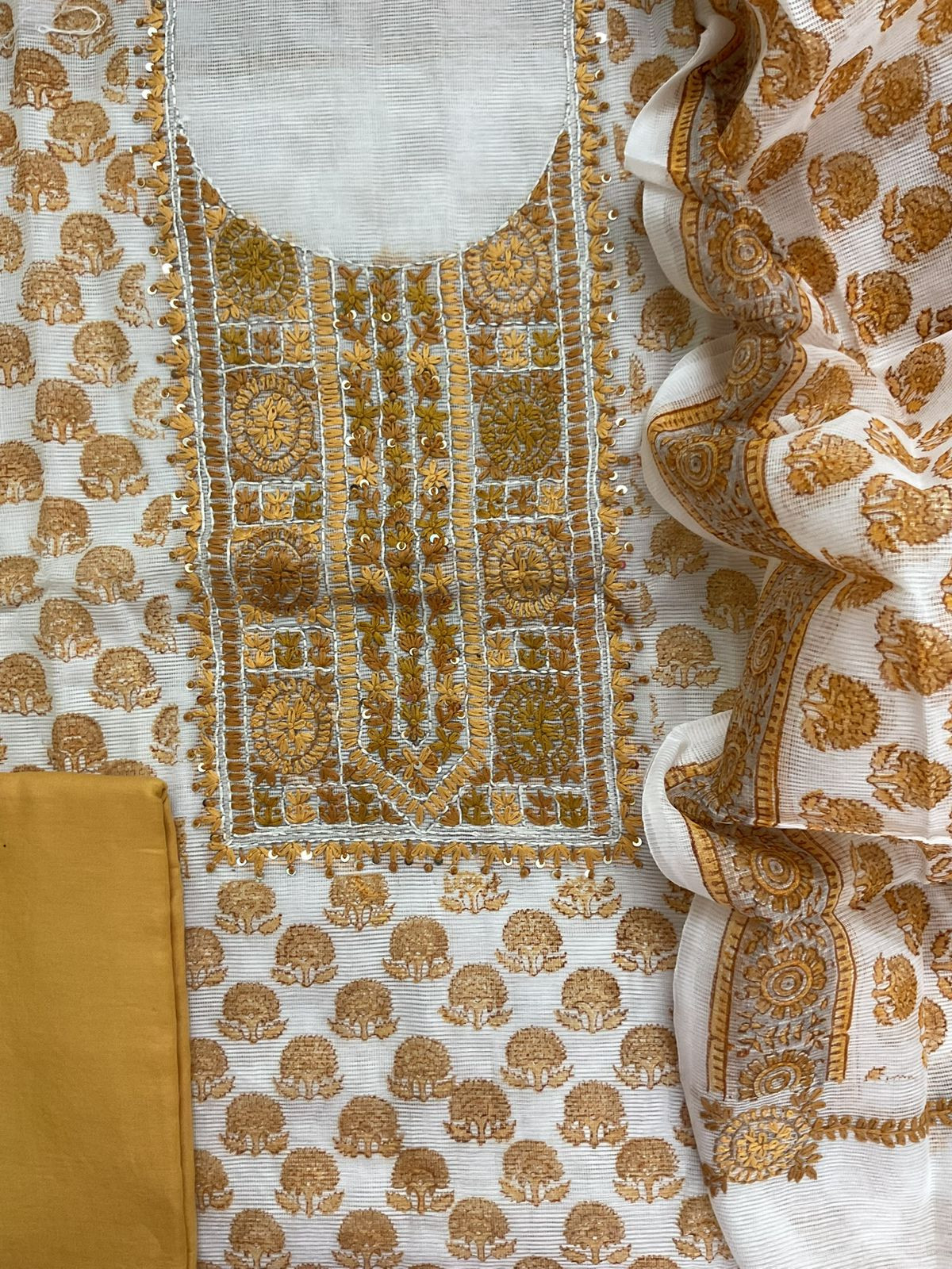 Soft Supernet Printed Embroidered Suit - White