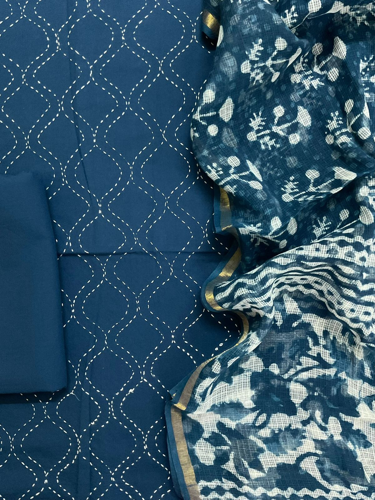 Pure Cotton Printed Embroidered Suit - Blue