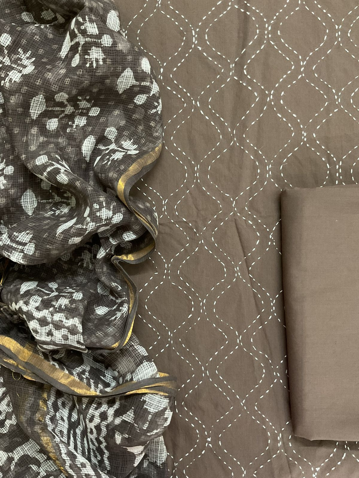 Pure Cotton Printed Embroidered Suit - Brown