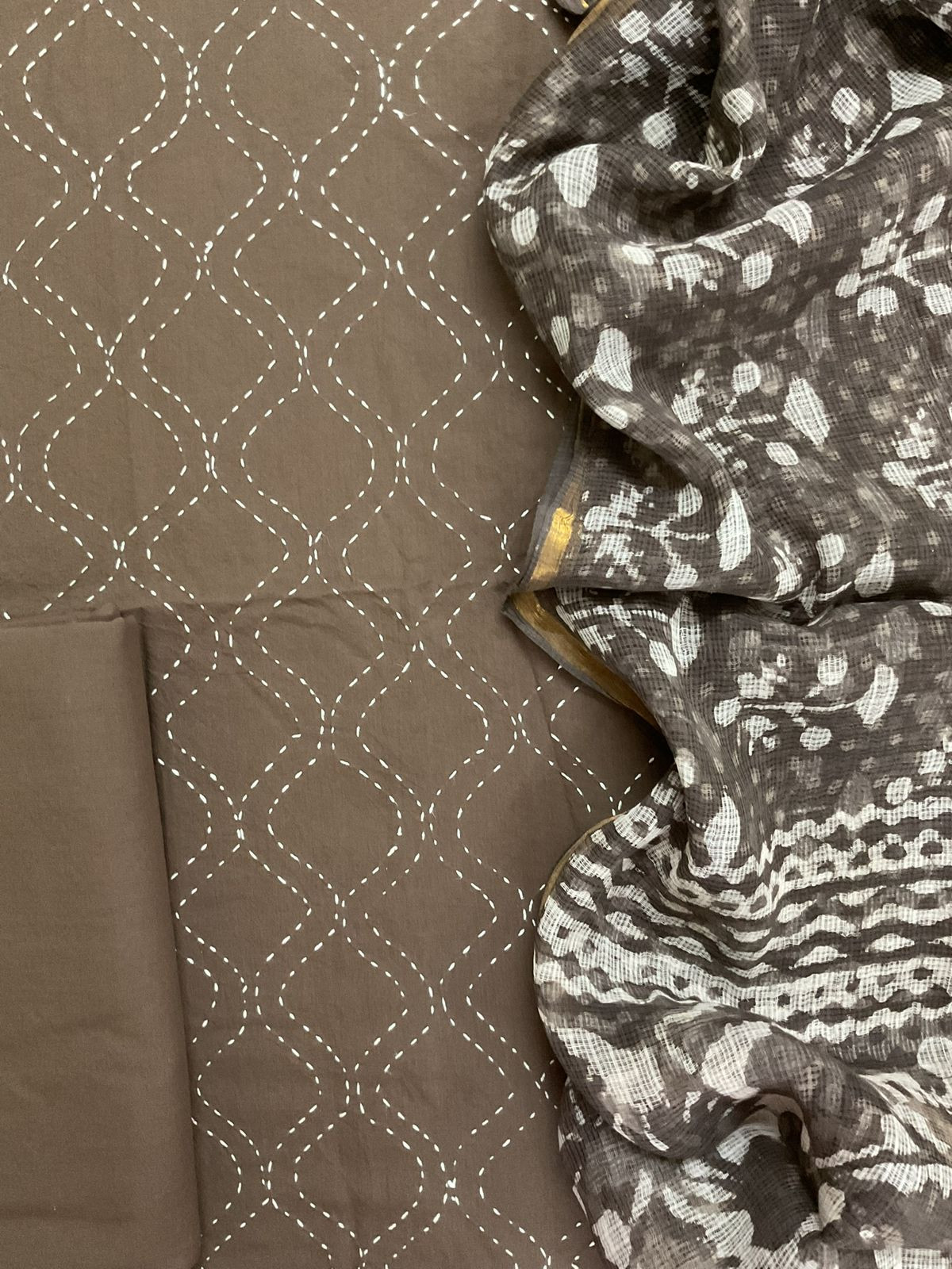 Pure Cotton Printed Embroidered Suit - Brown