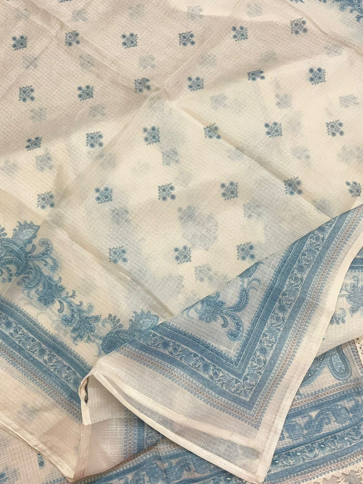 Soft Kota Silk Printed Embroidered Suit - Cream