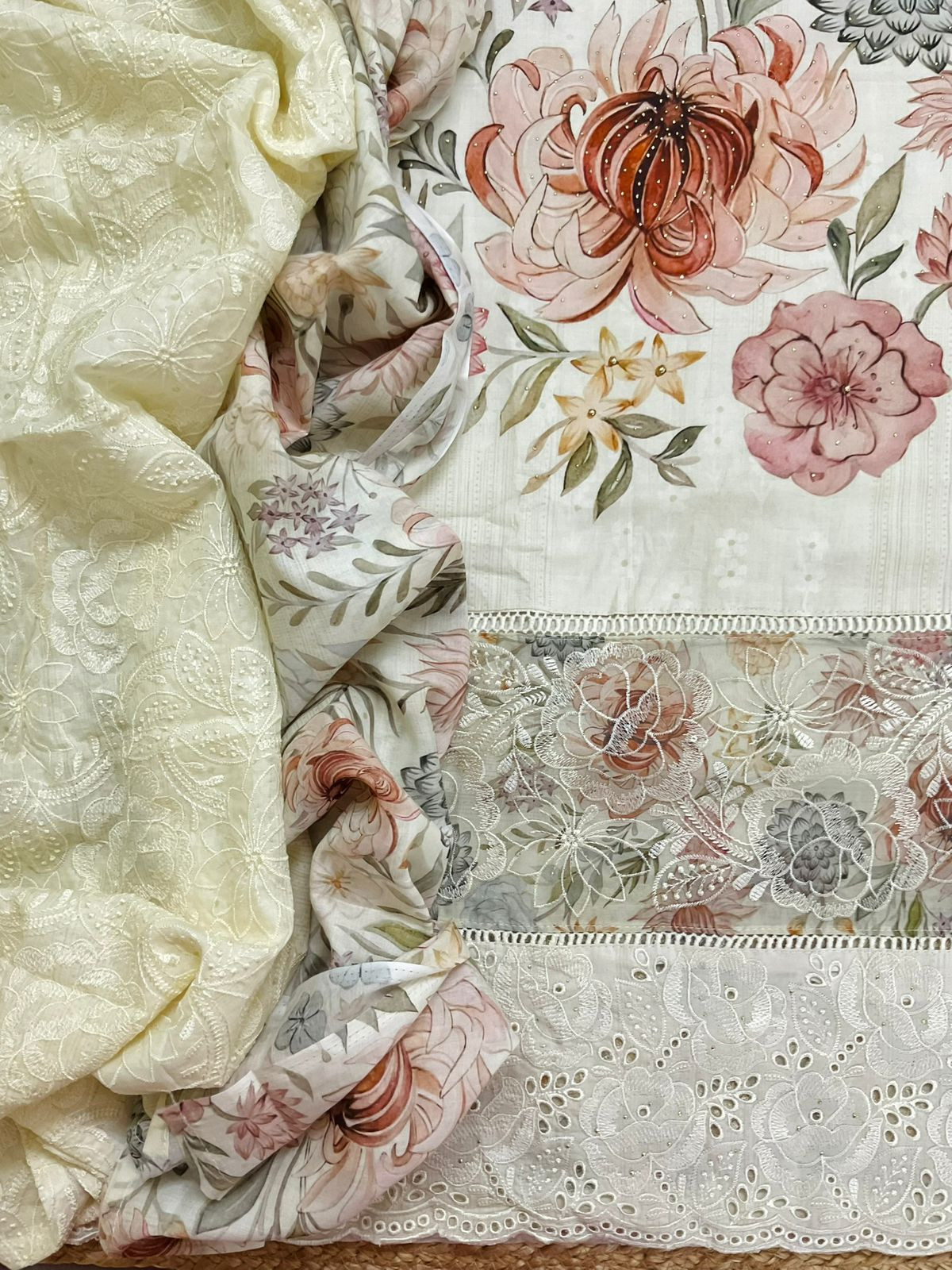 Pure Cotton Printed Embroidered Suit - Cream
