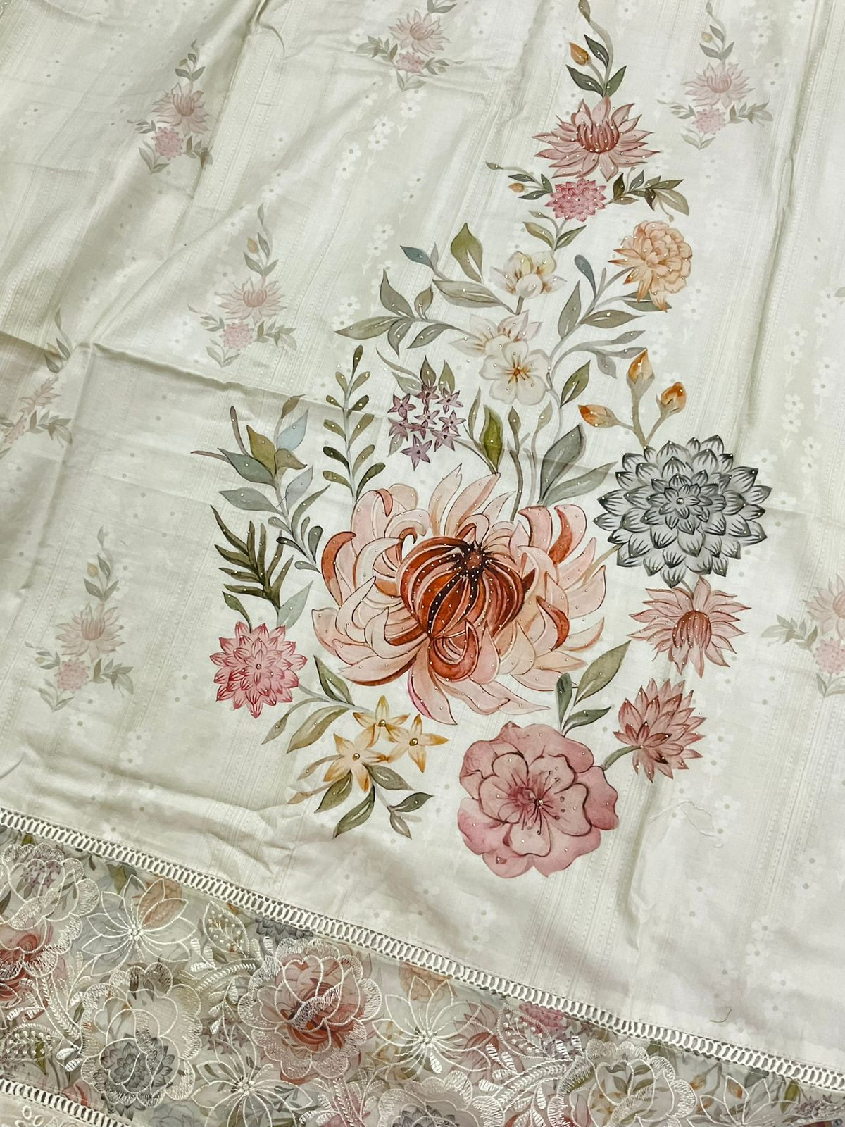 Pure Cotton Printed Embroidered Suit - Cream